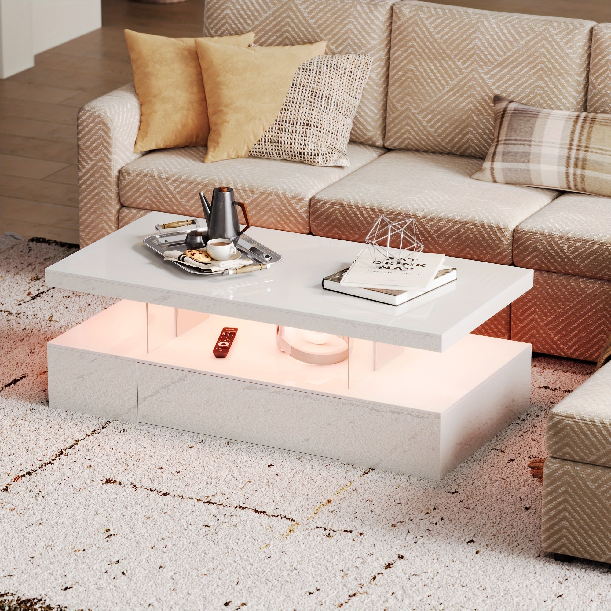 Modern LED Coffee Table With Adjustable Lighting - High-Gloss, Durable Wooden Centerpiece For Living Room & Bedroom, Easy Assembly, Space-Saving Design With Open Storage And Sliding Drawer Coffee Table For Living Room