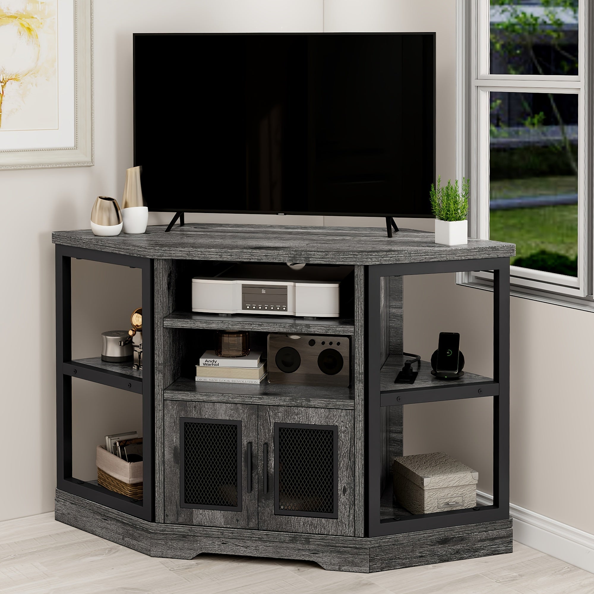 Rustic Corner Entertainment Center TV Stand with Power Outlets and Storage, Thanksgiving Christmas Halloween Day Gift