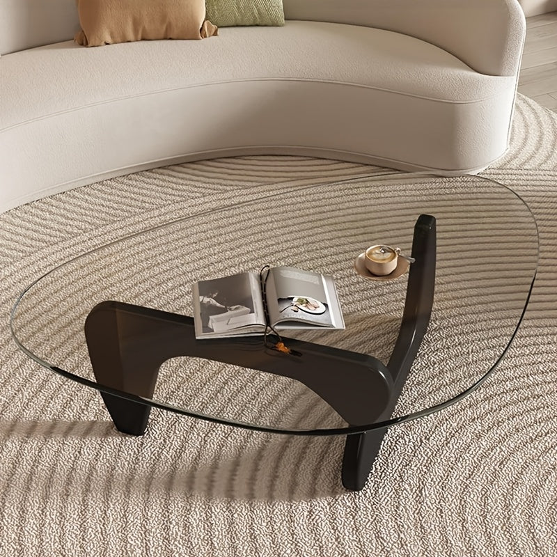 Mid-Century Modern Coffee Table - Triangle Glass Top Natural Wood Base Triangle Coffee Table For Living Room Patio