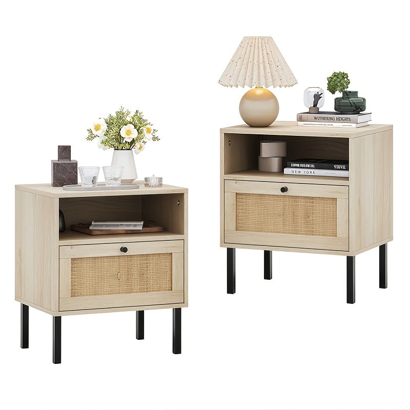 Rattan Single Door Nightstand (Set Of 2) In Original Wood, Nightstand with Open Shelves And Doors, Bohemian Bedside Table, Storage Drawer Units