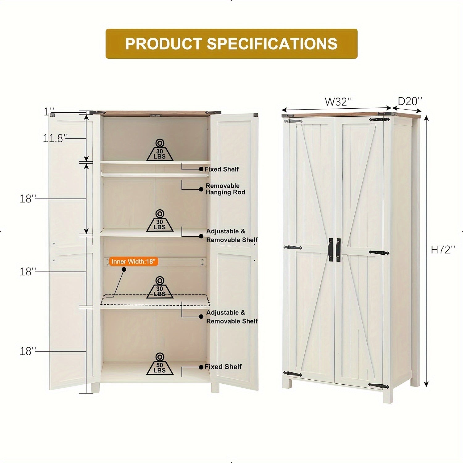 Versatile Storage For Kitchen, Bathroom, Laundry, Or Utility Room, Storage Cabinet, 32'' Farmhouse Armoire W/Adjustable Shelves, Rustic Pantry W/2 Barn Doors & Hanging Rod