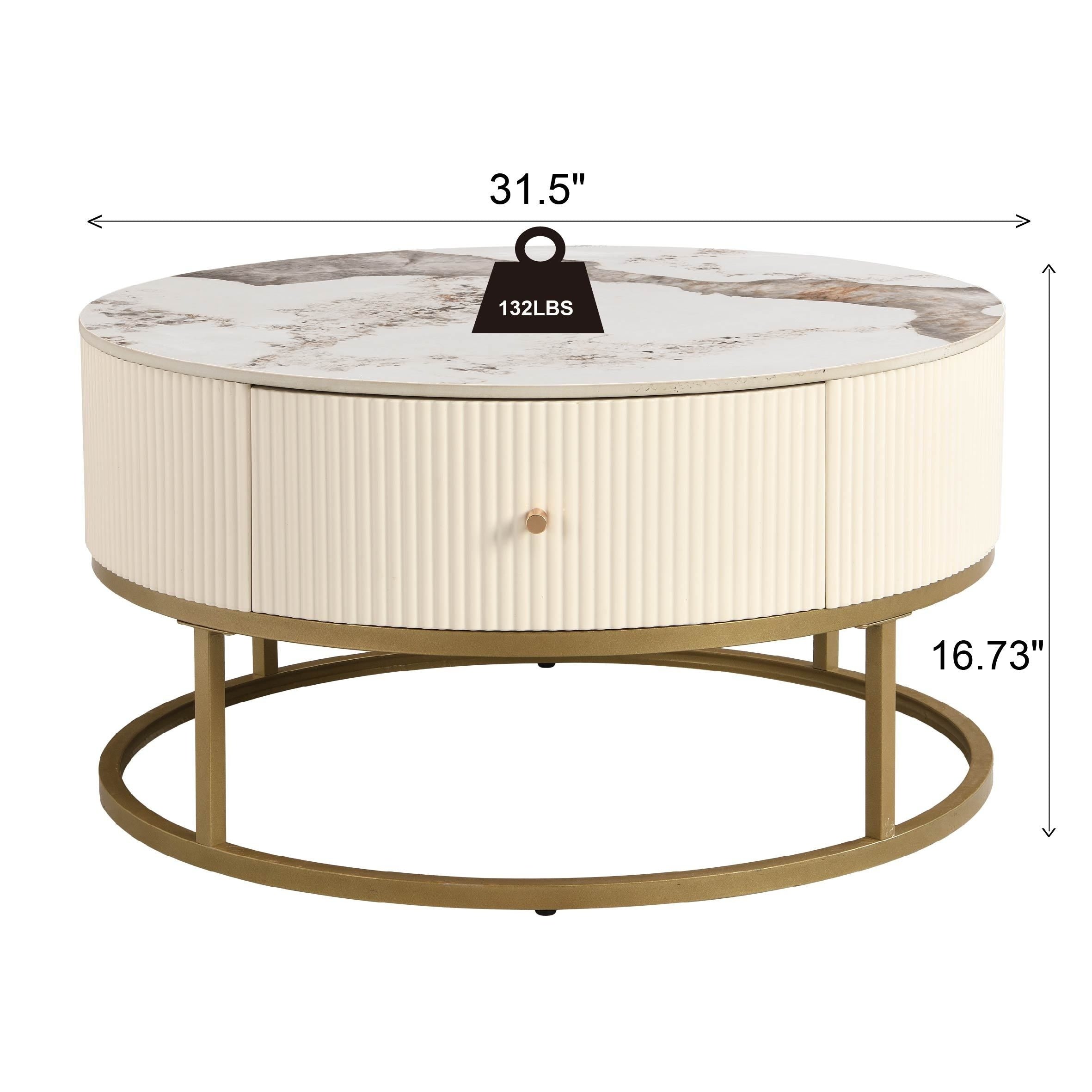 80cm Modern Round Coffee Table With Drawers, Marble Table With Storage, Coffee Table For Living Room