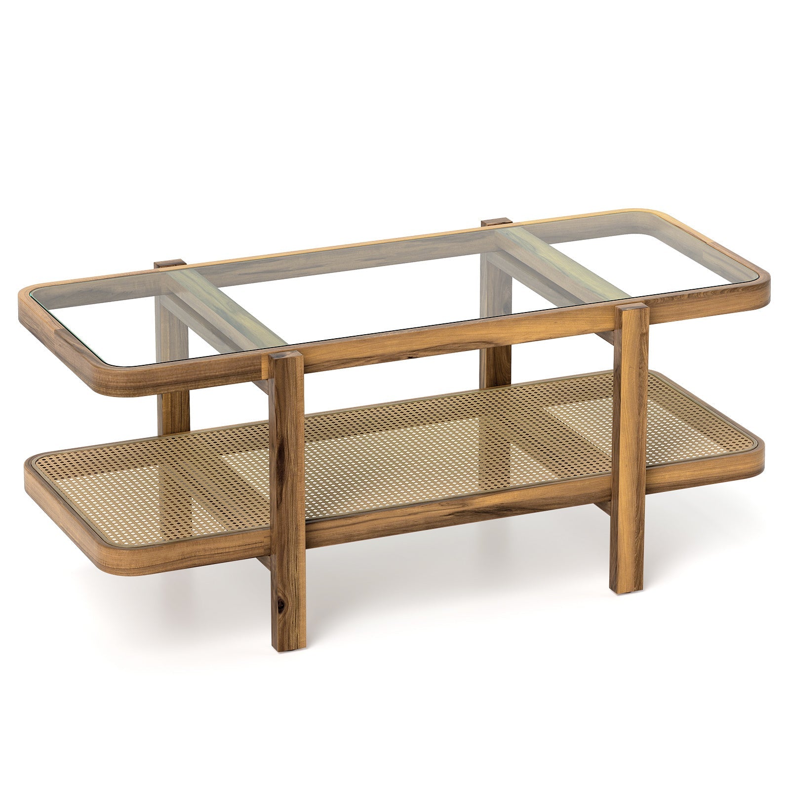 2-Tier Coffee Table with Storage Rustic Center Table with Tempered Glass Tabletop PE Rattan Shelf & Acacia Wood Frame