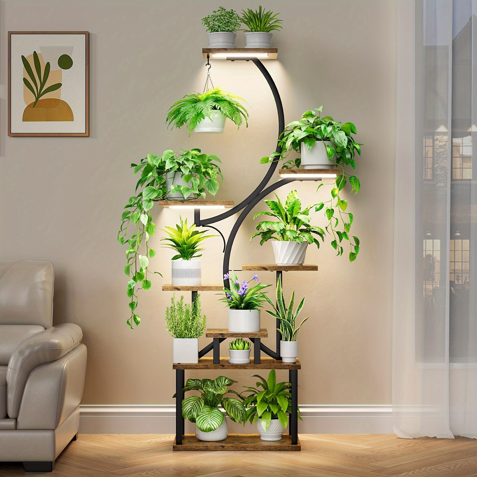 S-shaped Plant Stand Indoor With Grow Lights, 62'' Tall 8 Tiered Large Metal Household Plant Flower Stand With Thickened Wooden Boards, Multi Functional Display Stand, Suitable For Terraces, Balconies, Living Rooms, Courtyard