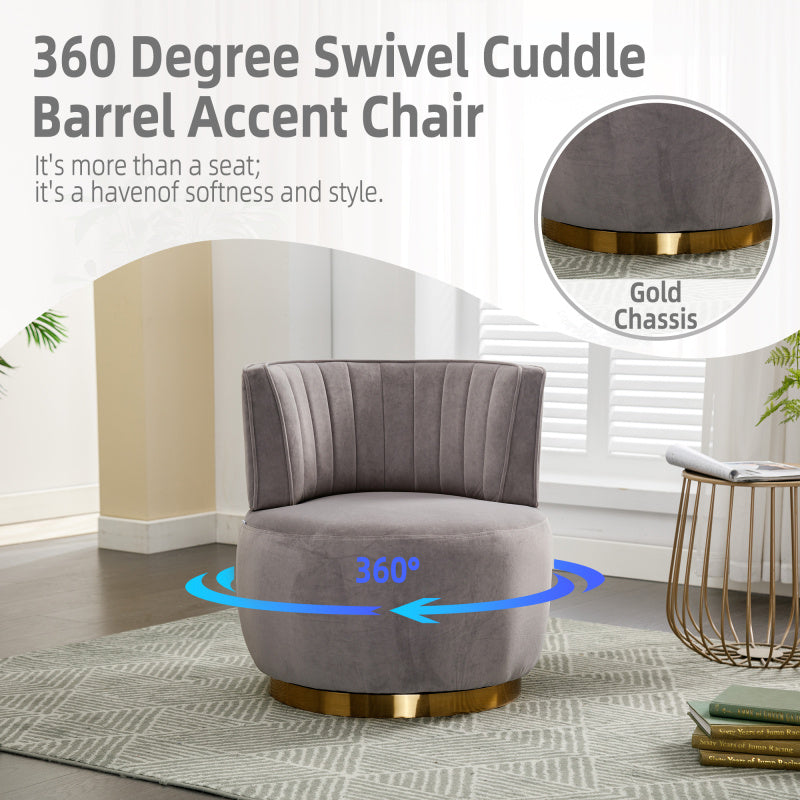 1pc 360 Degree Swivel Velvet Cuddle Barrel Accent Chair, High Backrest with Fluffy Sponge, Metal Base, Round Armchair for Living Room, Bedroom, Office, Waiting Room