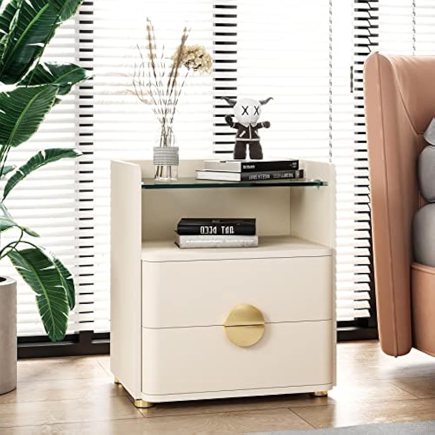 Elegant 2-Drawer Nightstand with Open Storage - Modern Beige & Golden, Tempered Glass Top, Wooden Bedside Table for Bedroom and Living Room