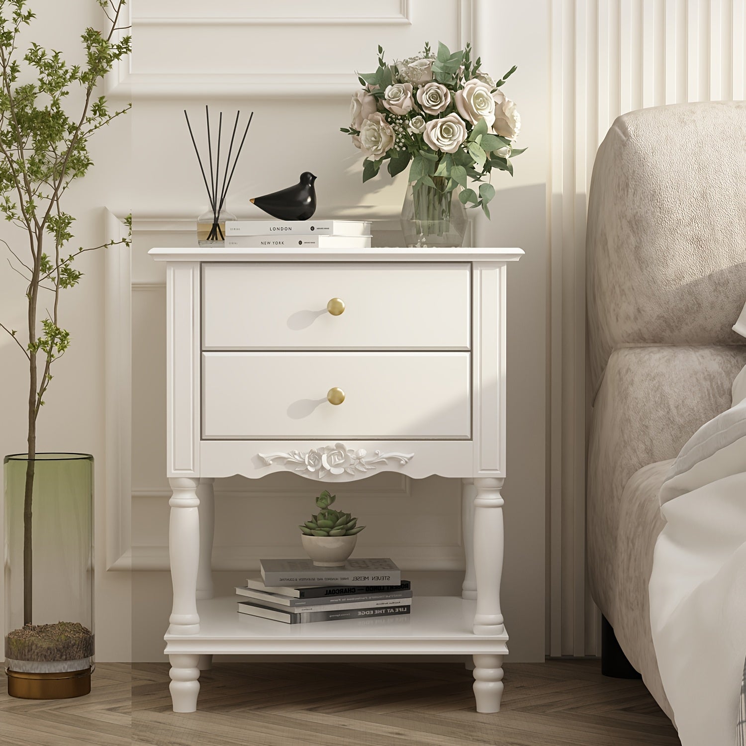 Elegant White Wooden Nightstand with Ergonomic Storage - 19.7" W x 16.9" D x 25.2" H, Open Shelving & Drawers for Living Room and Bedroom Organization, Sideboard, End Table