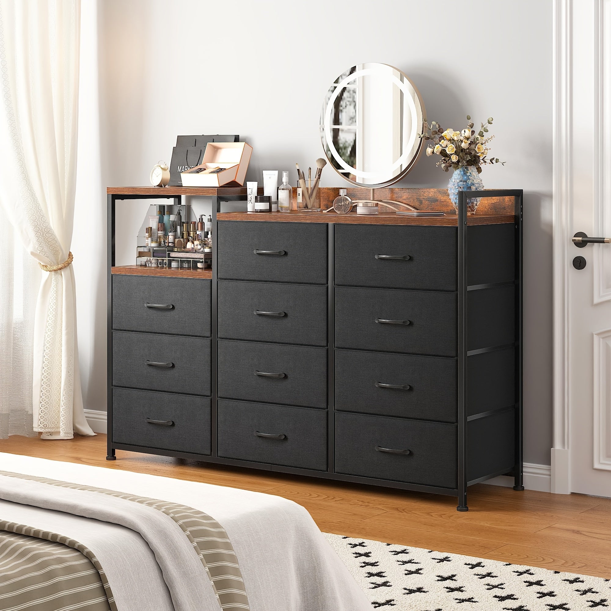 Dresser, Dresser For Bedroom With 11 Drawers, Dresser TV Stand With Shelves, Long Dressers & Chests Of Drawers, Wide Dresser For Bedroom Dresser With Sturdy Metal Frame & Wood Top, Black