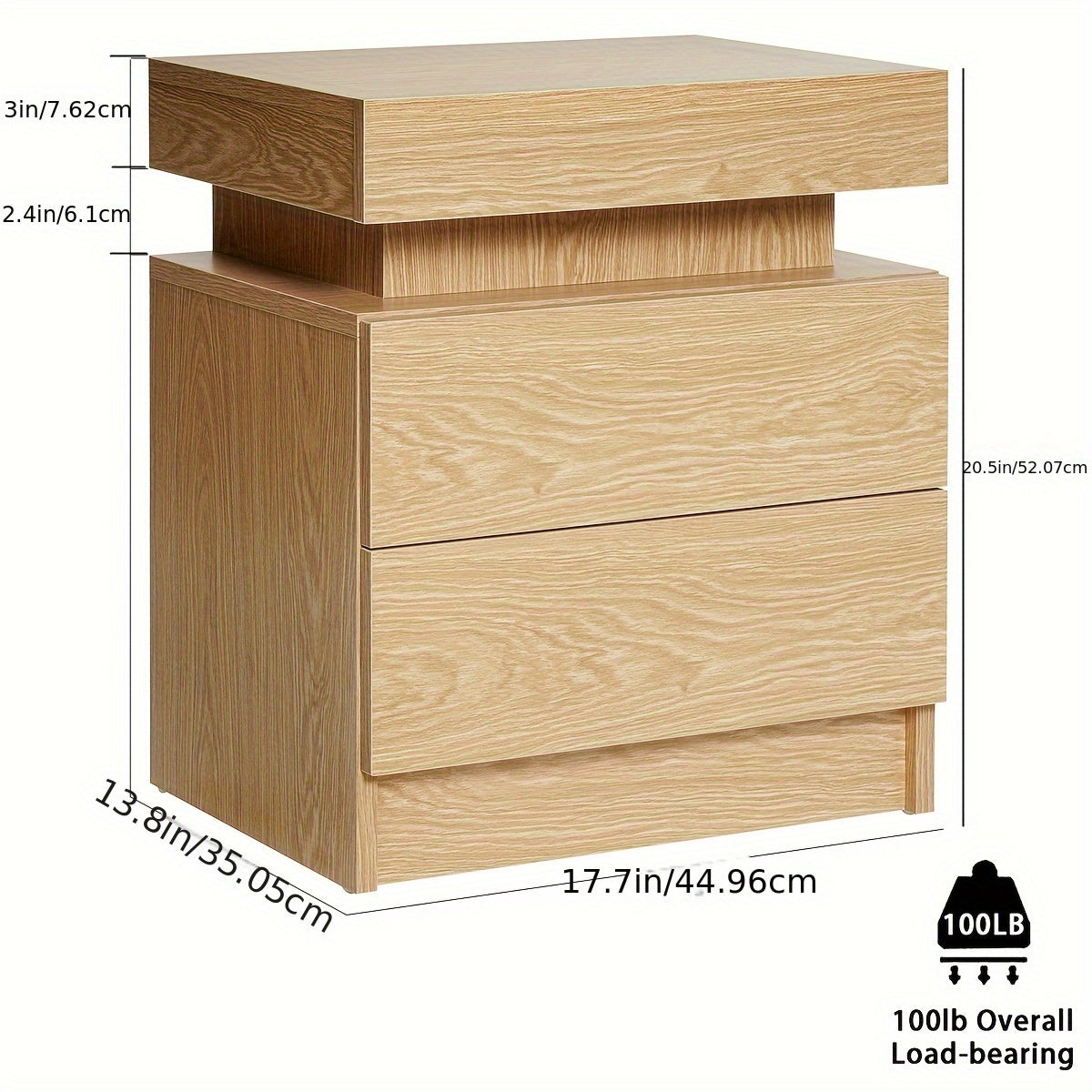 Modern LED Nightstand 2 Drawers Bedside Table With Led Lights Smart Night Stands Wood Color Textured Finish End Side Table For Bedroom Home Furniture