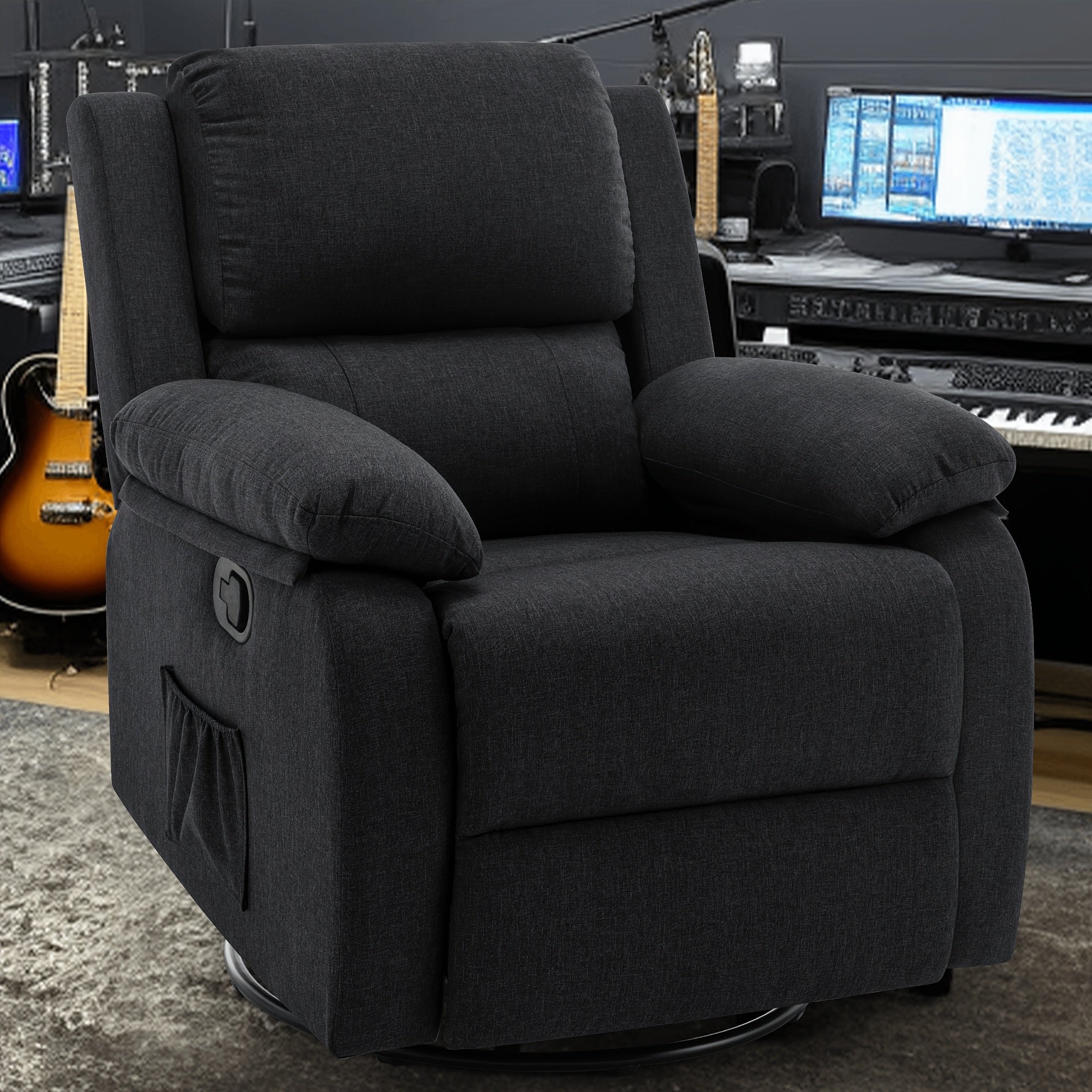 360-Degree Swivel Rocker Recliner Chair for Adults, Compact Upholstered Fabric Glider with Side Pockets, Ideal for Recording Studio and Living Room - Black, Small Space, Glide