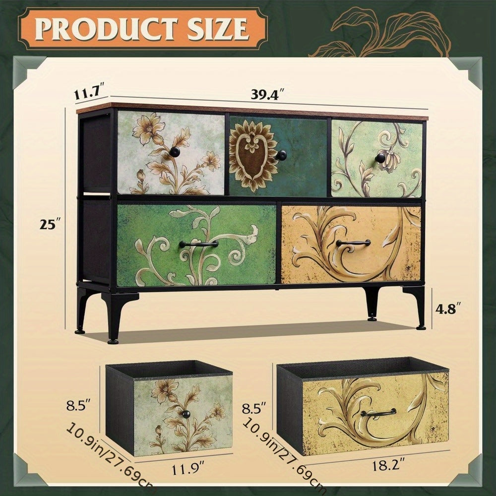 Dresser for Bedroom with 5 Drawers, Wide Chest of Drawers, Fabric Dresser, Storage Organizer Unit with Fabric Bins for Closet, Living Room, Hallway, Floral Painted