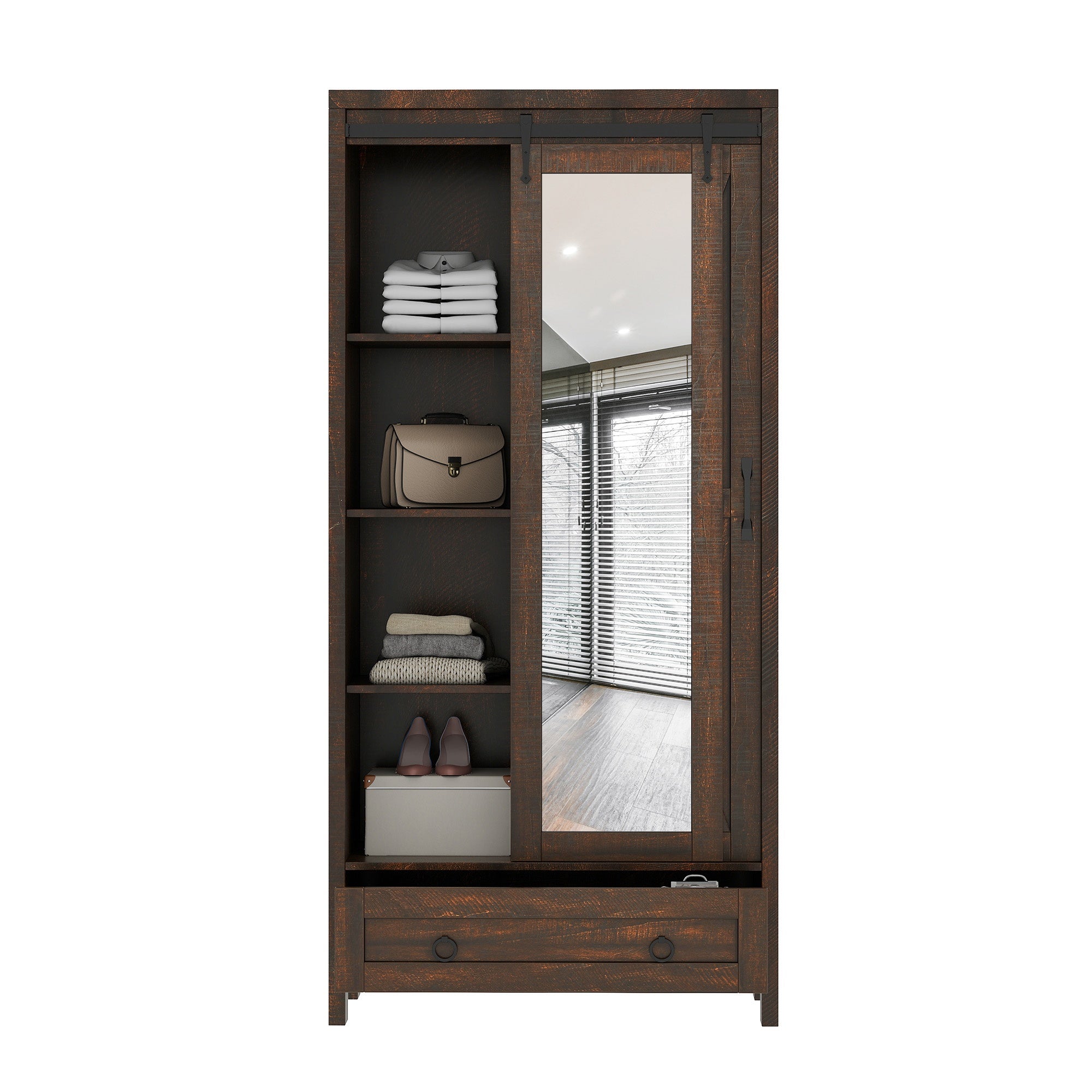 Rustic Farmhouse Storage Cabinet with Full-Length Mirror - Lockable, Wooden, 4 Shelves - Perfect for Bathroom, Bedroom, Living Room, Home Office - Ideal Thanksgiving, Christmas, Halloween Gift