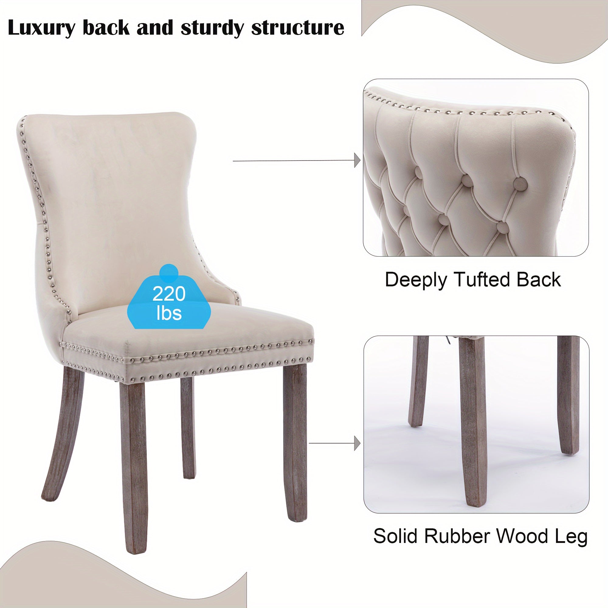 2 PCS Upholstered Wing-Back Dining Chair with Backstitching Nailhead Trim and Solid Wood Legs Beige