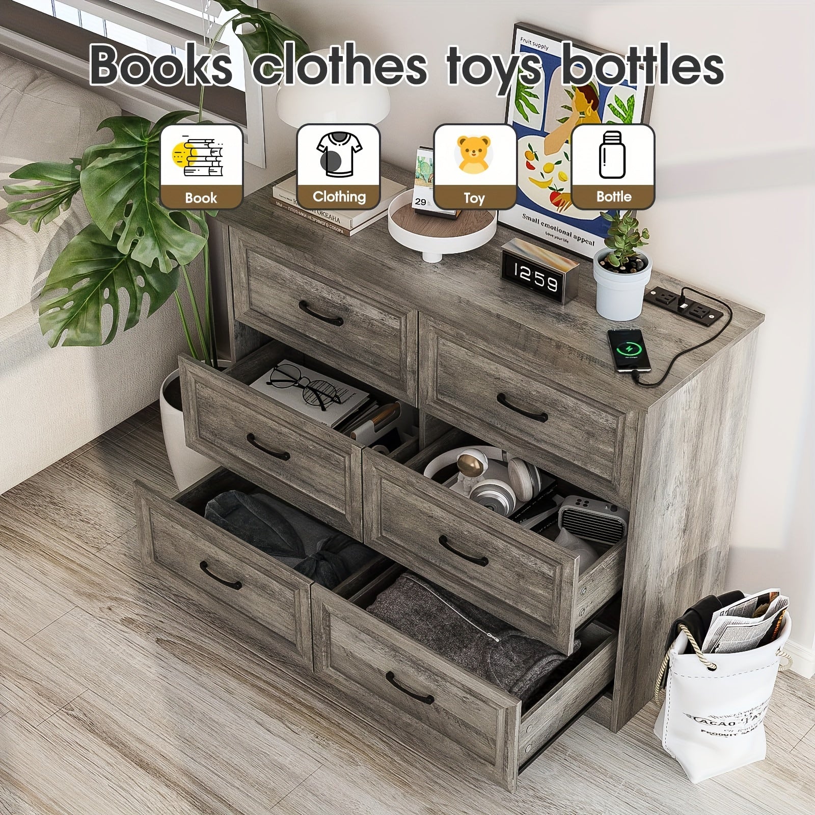 Hall storage cabinet 6 drawers wide dressing storage box with charging station corridor storage cabinet wooden storage