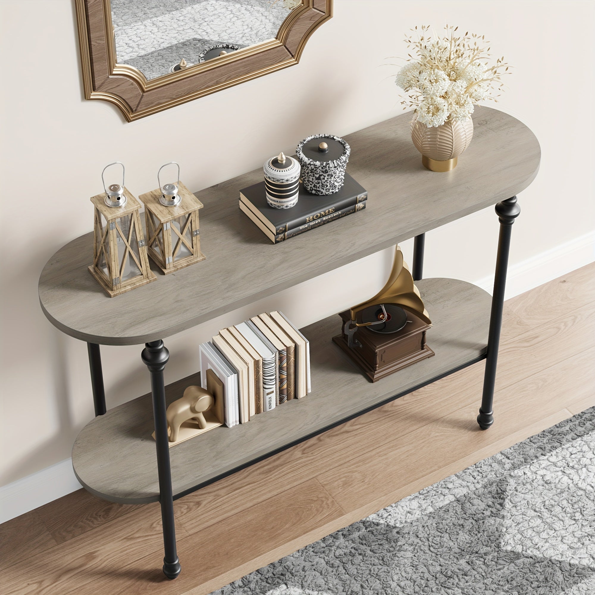 Entryway Table, 43.3" Long Console Table with Storage, 2 Tier Wood Console Table with Metal Frame and MDF, Sofa Tables Behind Couch, Hallway Table for Foyer-Rustic Brown