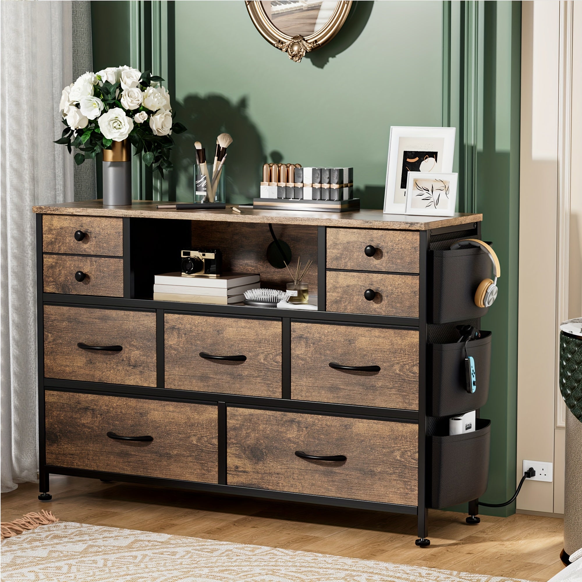 Spacious 9-Drawer Dresser with LED Lights & Charging Station - Rustic Wood Finish, Black Accents, Side Pockets for Bedroom Essentials, Fits 55" TV - Ideal for Bedroom, Living Room, Hallway, Dresser for Bedroom