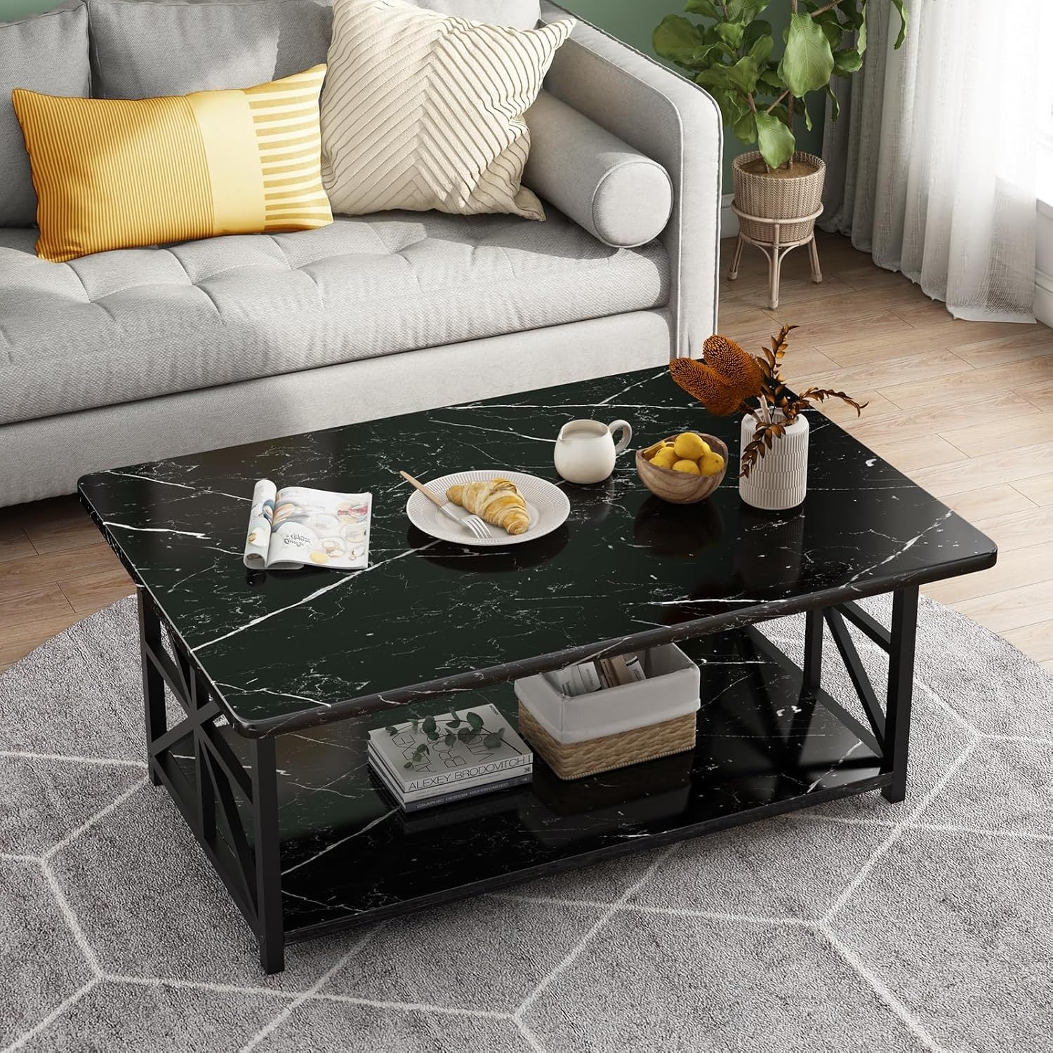 Coffee Table for Living Room, Faux Marble 2-Tier Coffee Table with MDF Broad & Metal Frame, Farmhouse Style Rectangular Center Table for Small Space, Space Saving Tea Table for Bedroom, Kitchen, Office