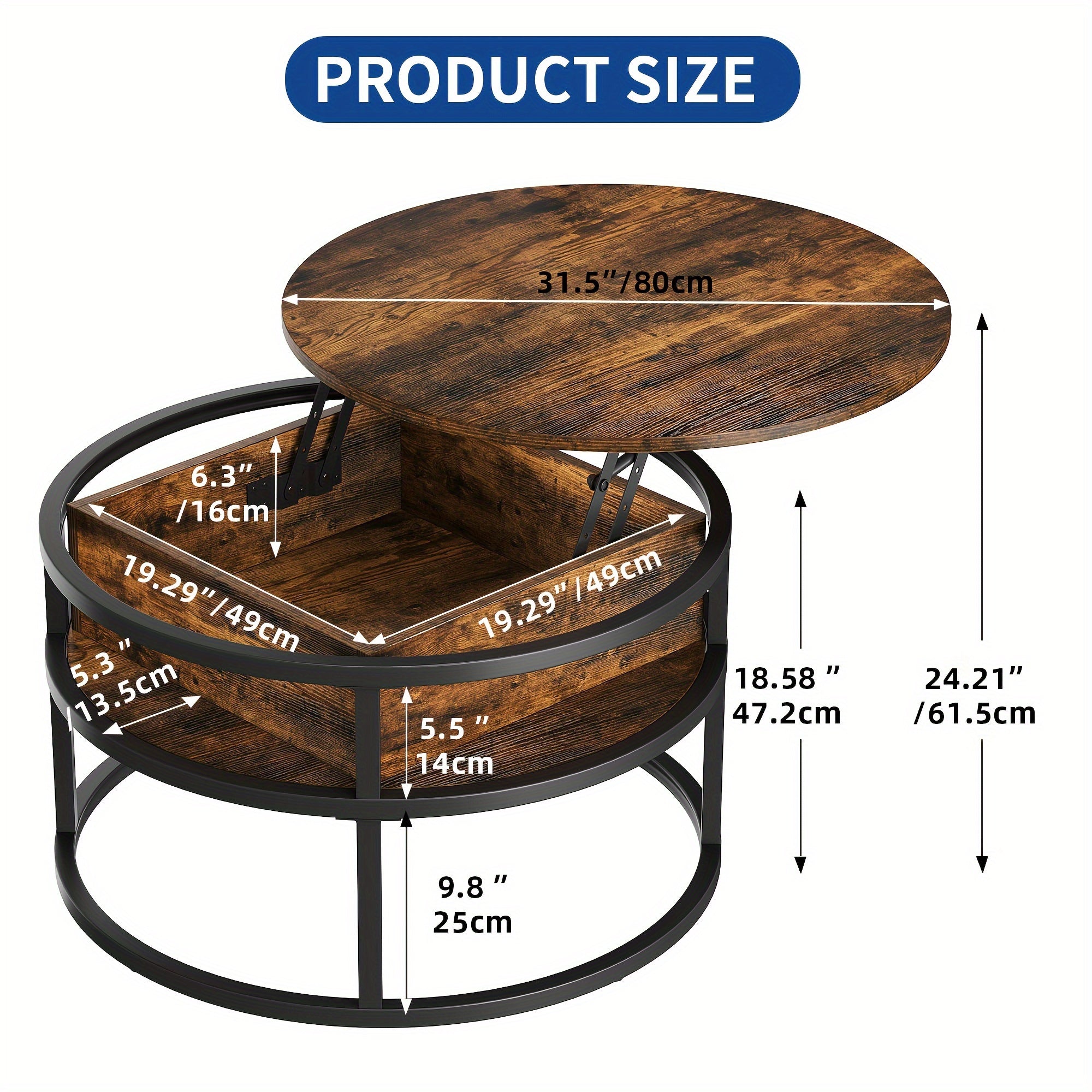 2 Tier Round Lift Top Coffee Table With Hidden Storage Compartment For Living Room Home Office