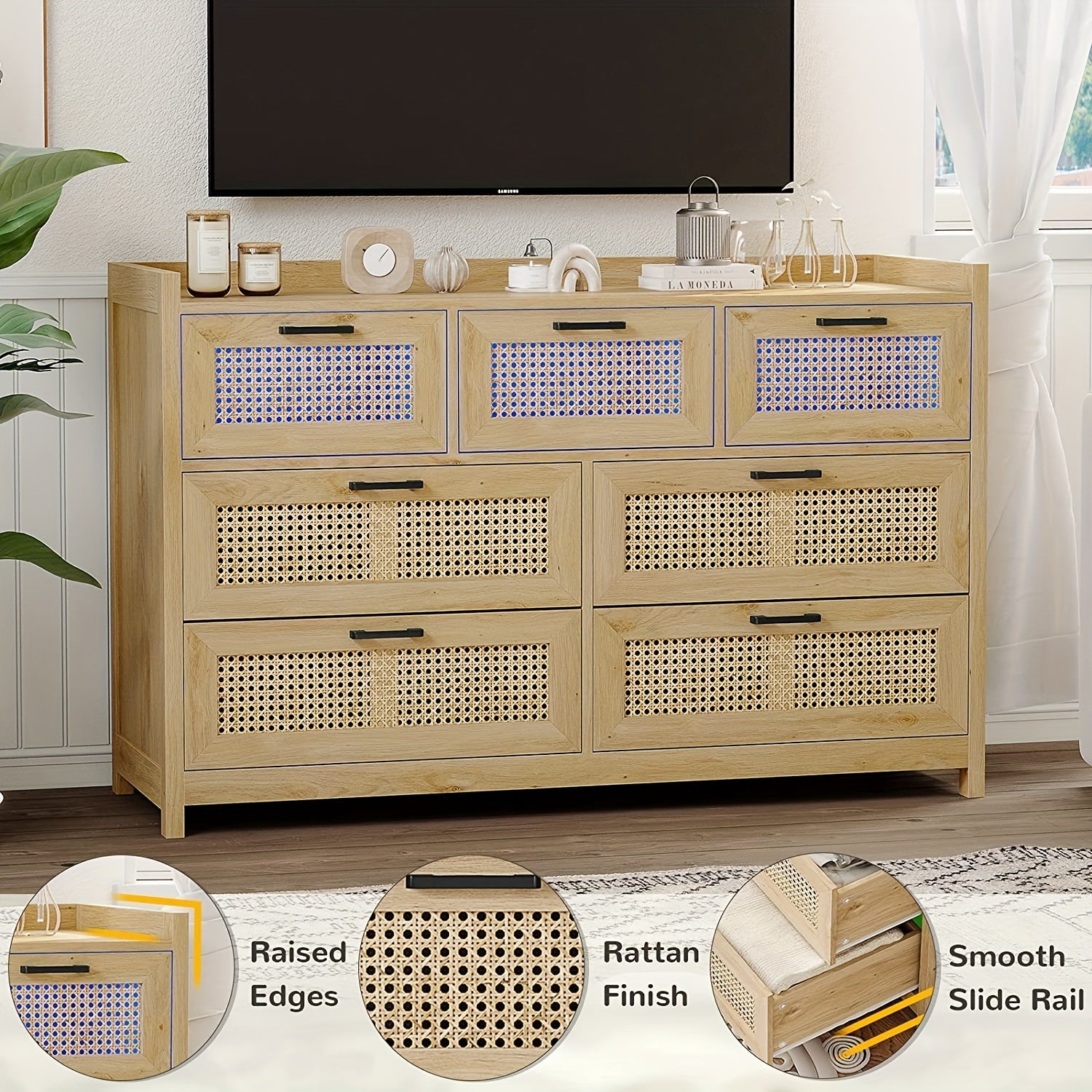 Natural Rattan 7 Drawer Dresser With LED Lights Chests Of Drawers For Bedroom, Hallway, Entryway