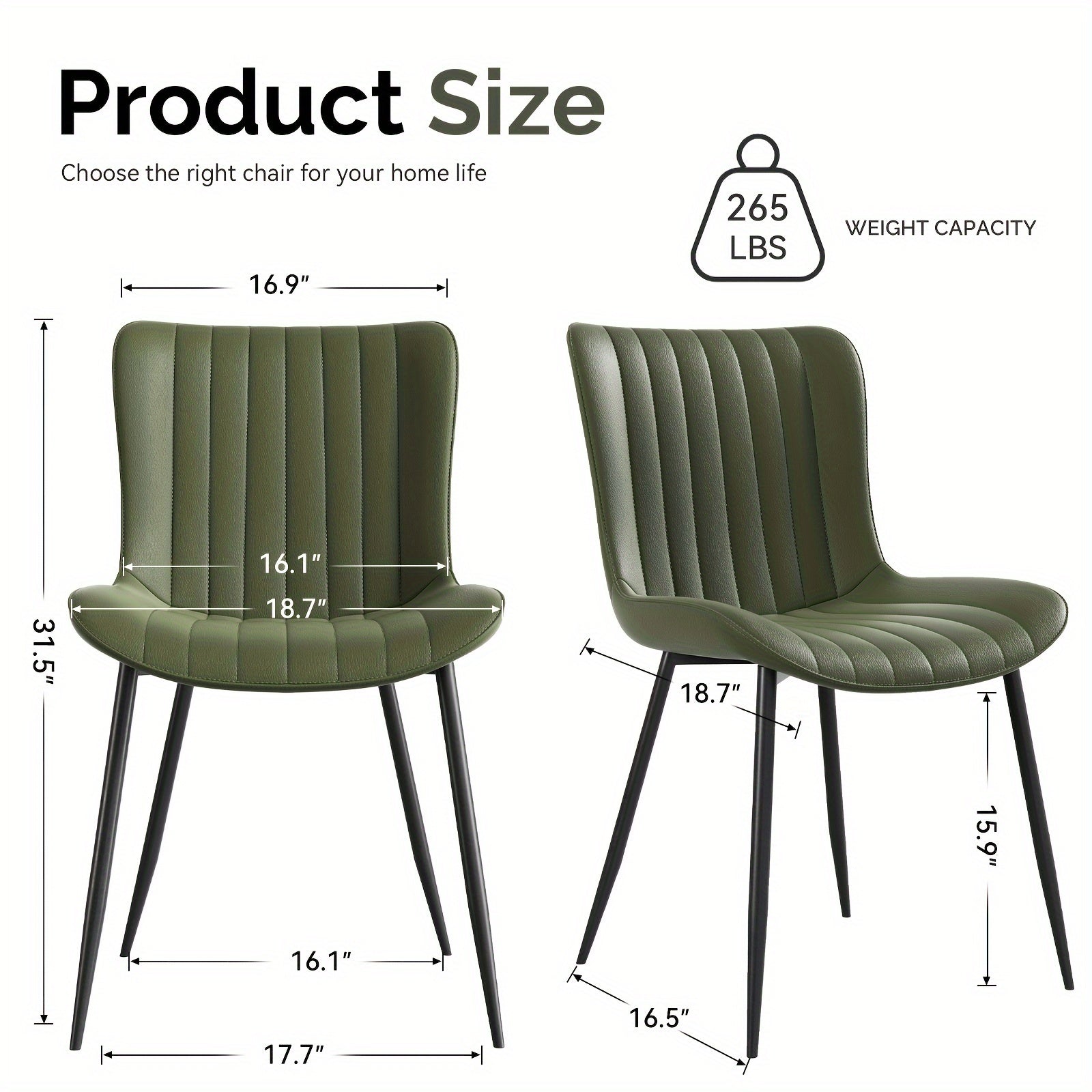 Modern Green Dining Chairs Set of 2 - Comfortable Faux Leather & Solid Wood with Sturdy Metal Legs, Perfect for Kitchen & Dining Room