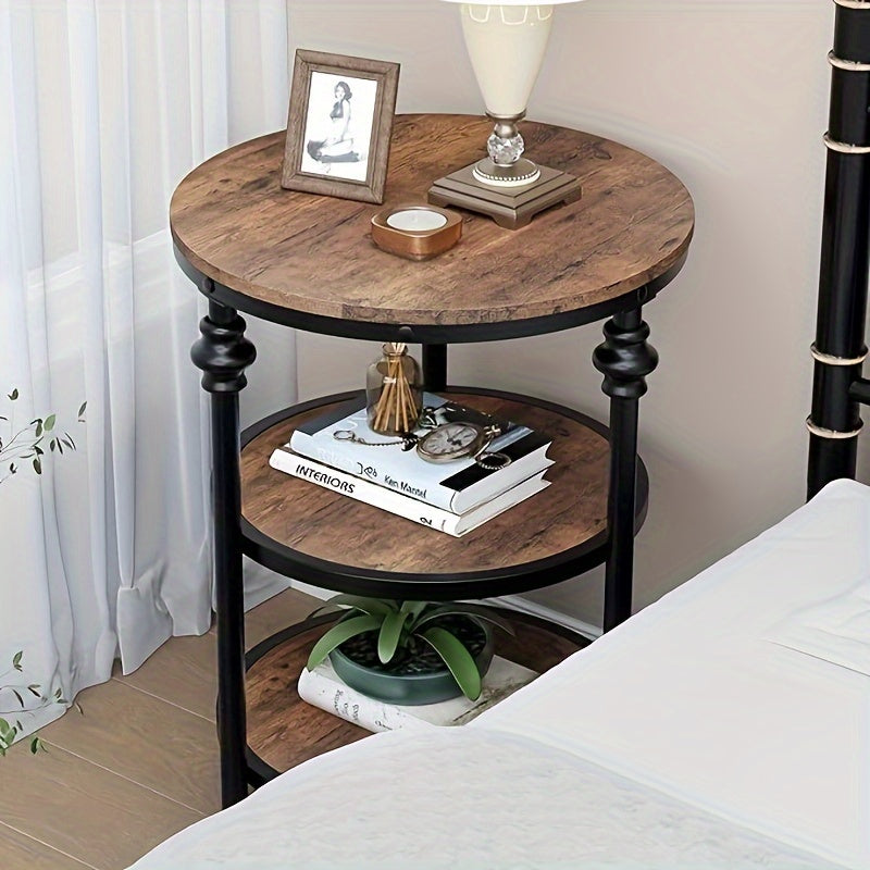 3-Tier Round Side Table, Wood Bed Side Table/ Night Stand with Storage Shelf for Bedroom, Living Room, Rustic Brown