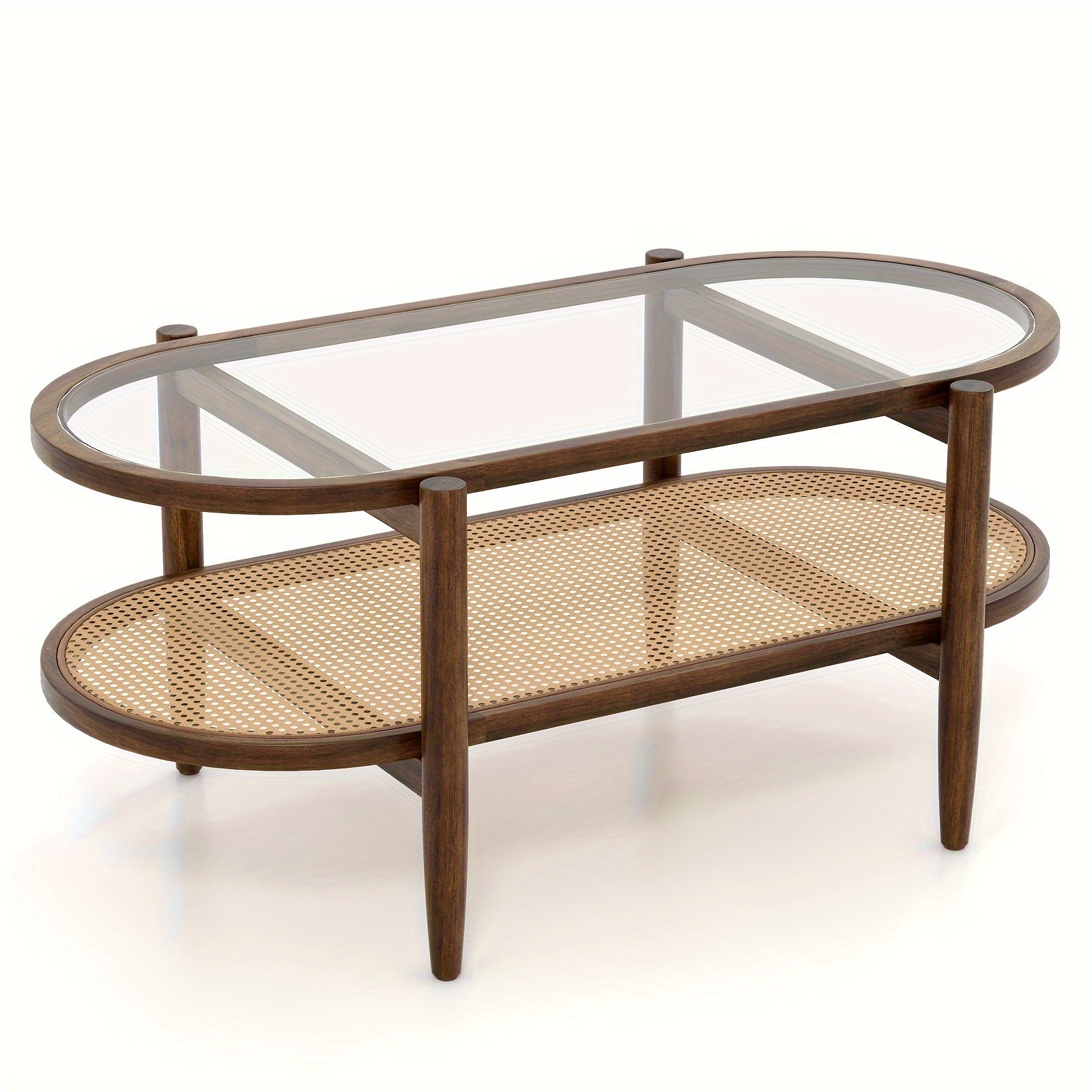 1pc 2-Tier Coffee Table Tempered Glass Top W/ PE Rattan Shelf & Acacia Wood Frame