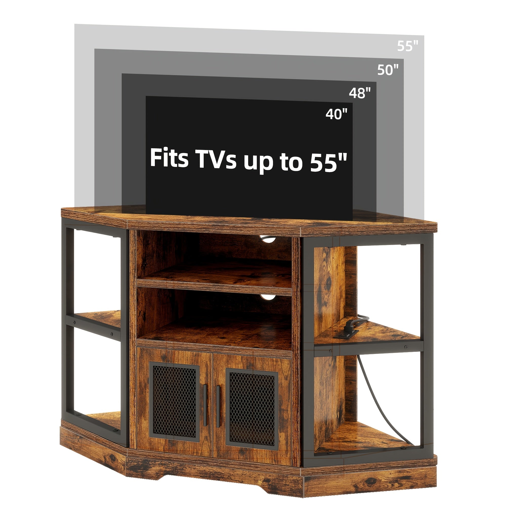 Rustic Corner Entertainment Center TV Stand with Power Outlets and Storage, Thanksgiving Christmas Halloween Day Gift