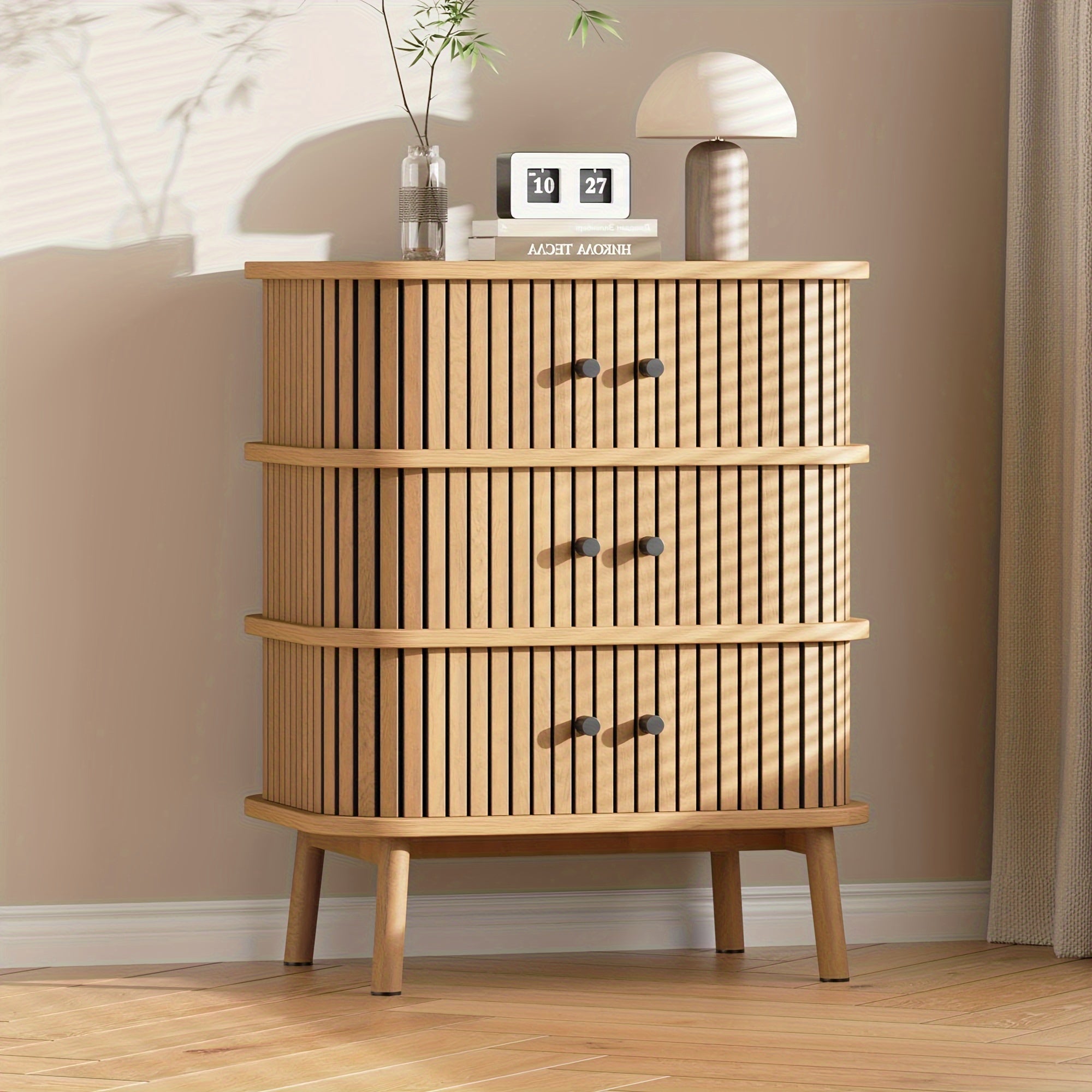 Fluted 3 Drawers Nightstand With Sliding Door, Boho 3 Drawer Dressers For Bedroom, Wooden Chest Of Storage Drawer, Side Table For Living Room, Small Space, Natural