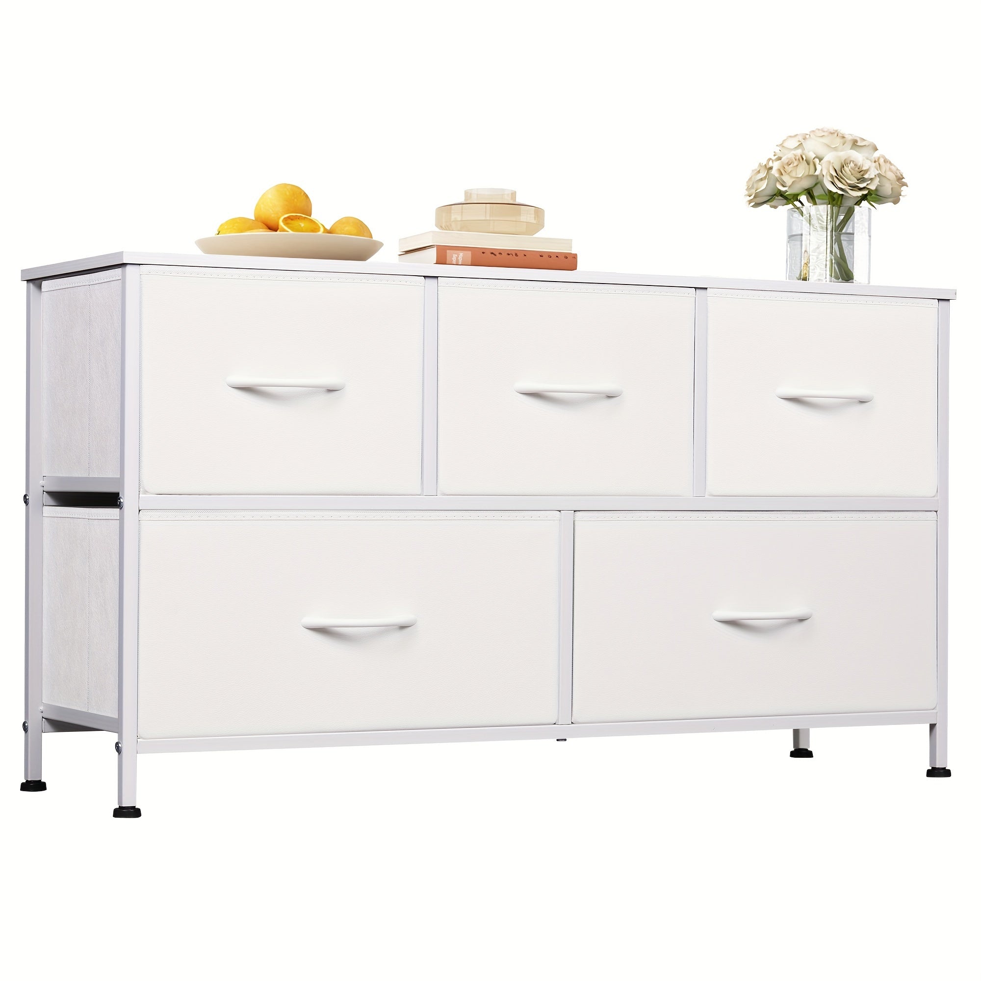 Modern 5-Drawer Fabric Storage Dresser - Freestanding Wood Frame Organizer for Bedroom & Living Room - White - Dresser
