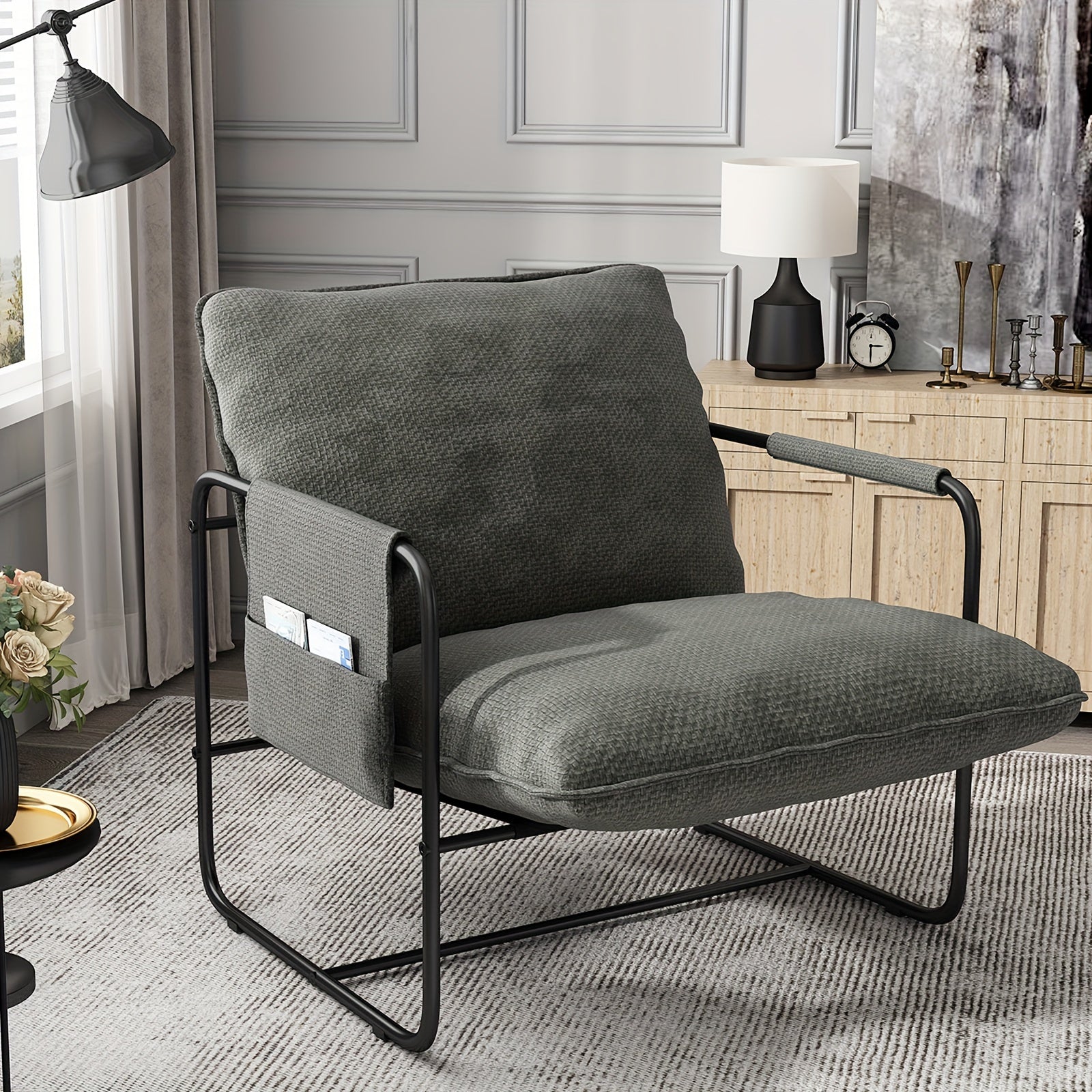 Sling Accent Chair Living Room, Metal Framed Armchair With Removable Storage Bag, Upholstered Living Room Chairs