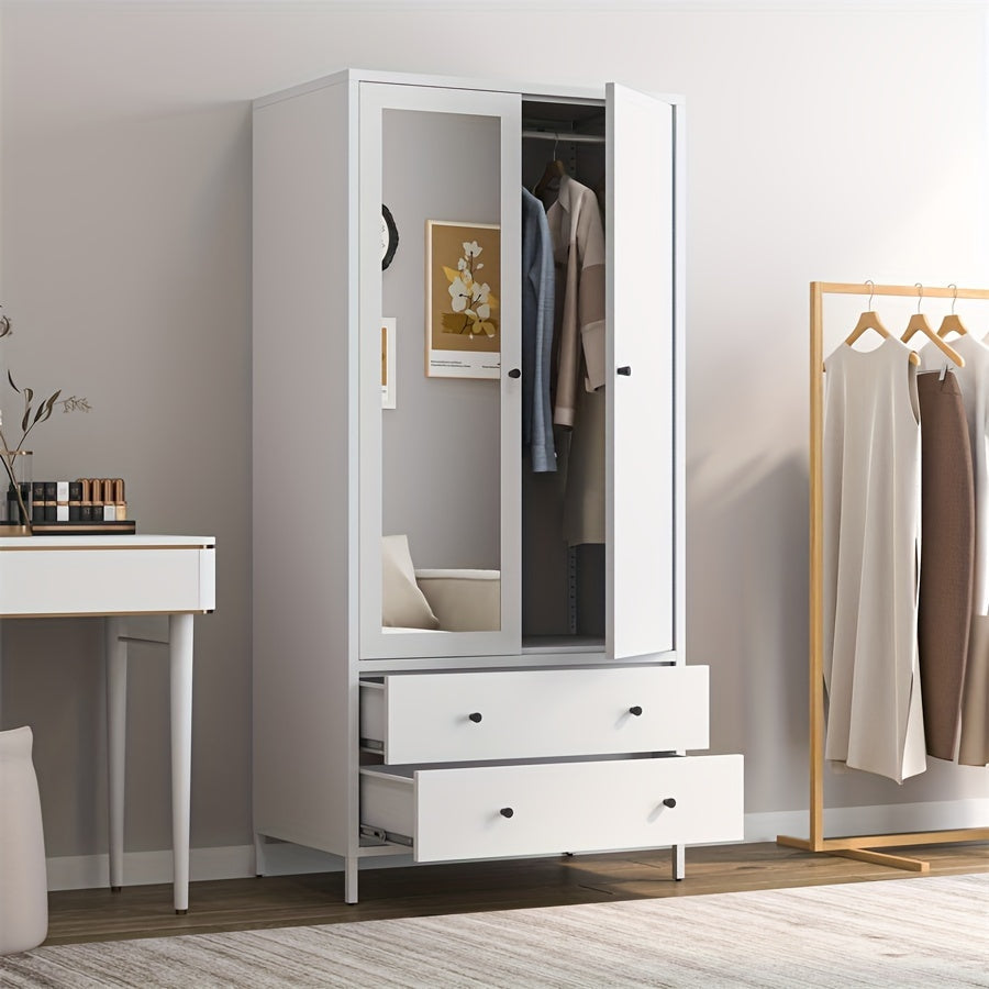 Metal Armoire Wardrobe Closet With 2 Drawers, Mirror Door And Hanging Rod, Metal Clothing Storage Cabinet, Garment Organizer With Magnetic Door - White/Dark Grey