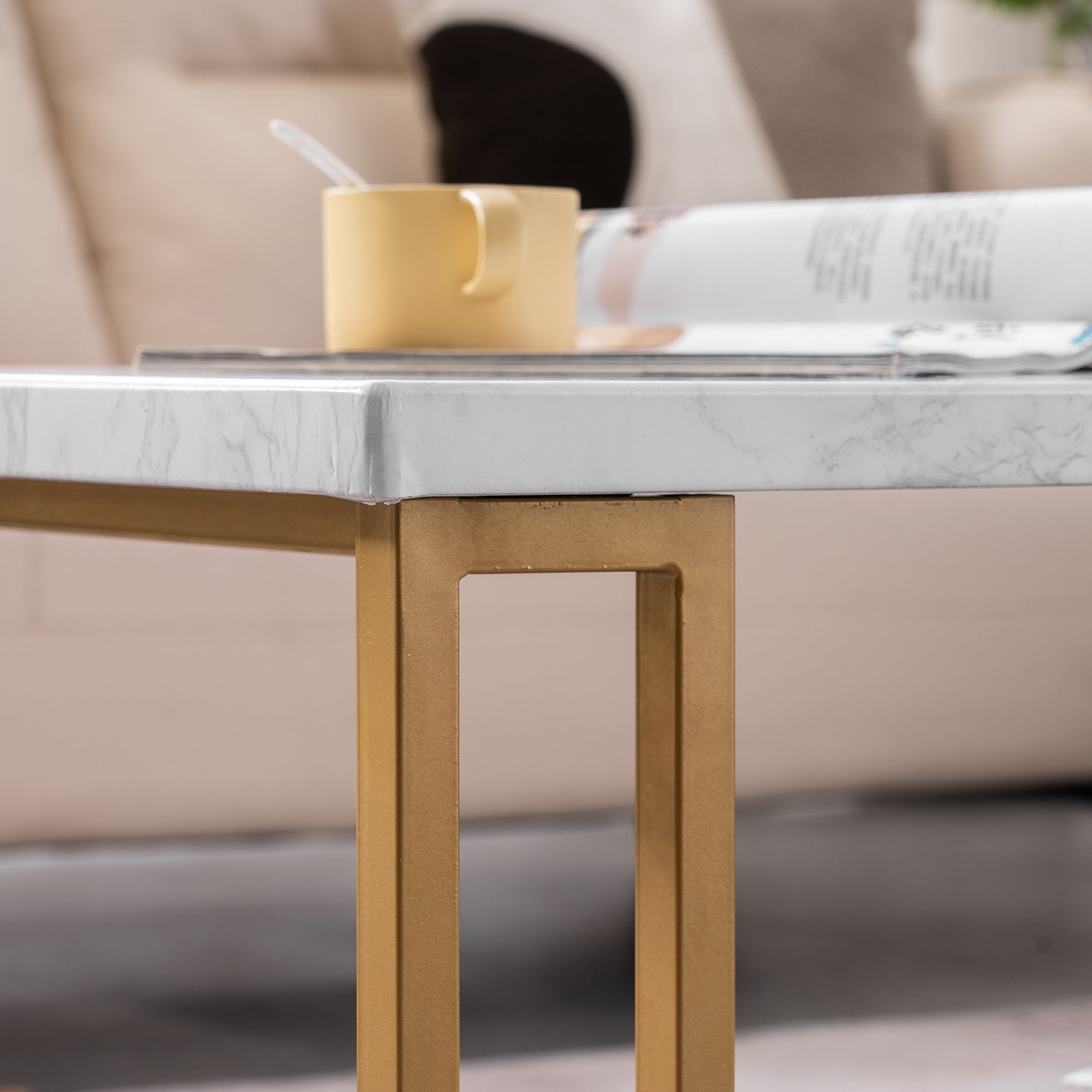 Rectangular Coffee Table, Modern Golden Frame with Faux Marble Top, Classic Style Storage Table for Living Room Bedroom - White