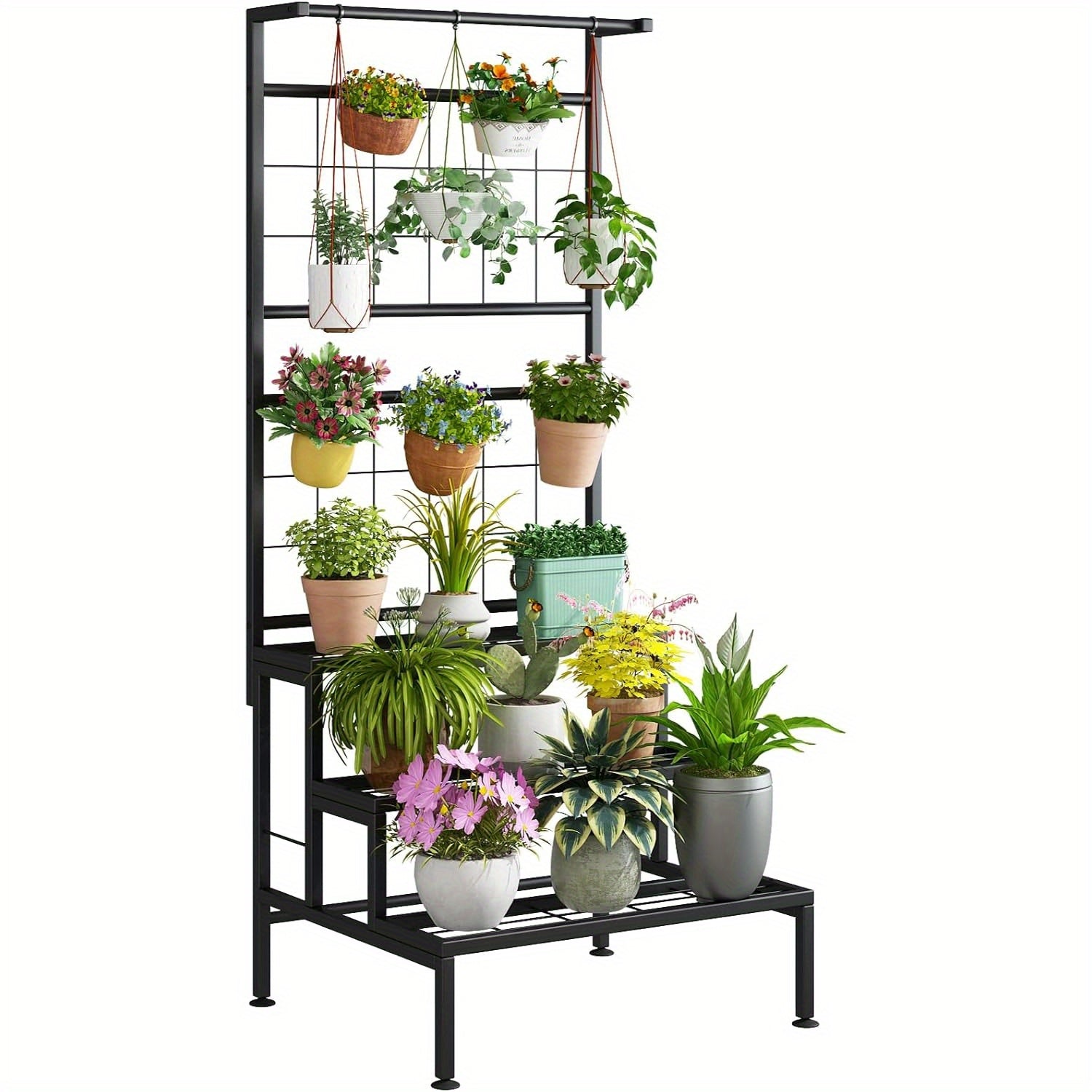 Plant Stand 3-Tier Hanging Shelves Flower Pot Organizer Multiple Flower Display Holder Indoor Outdoor Heavy Duty Potted Planter Rack Unit with Grid Panel for Living Room