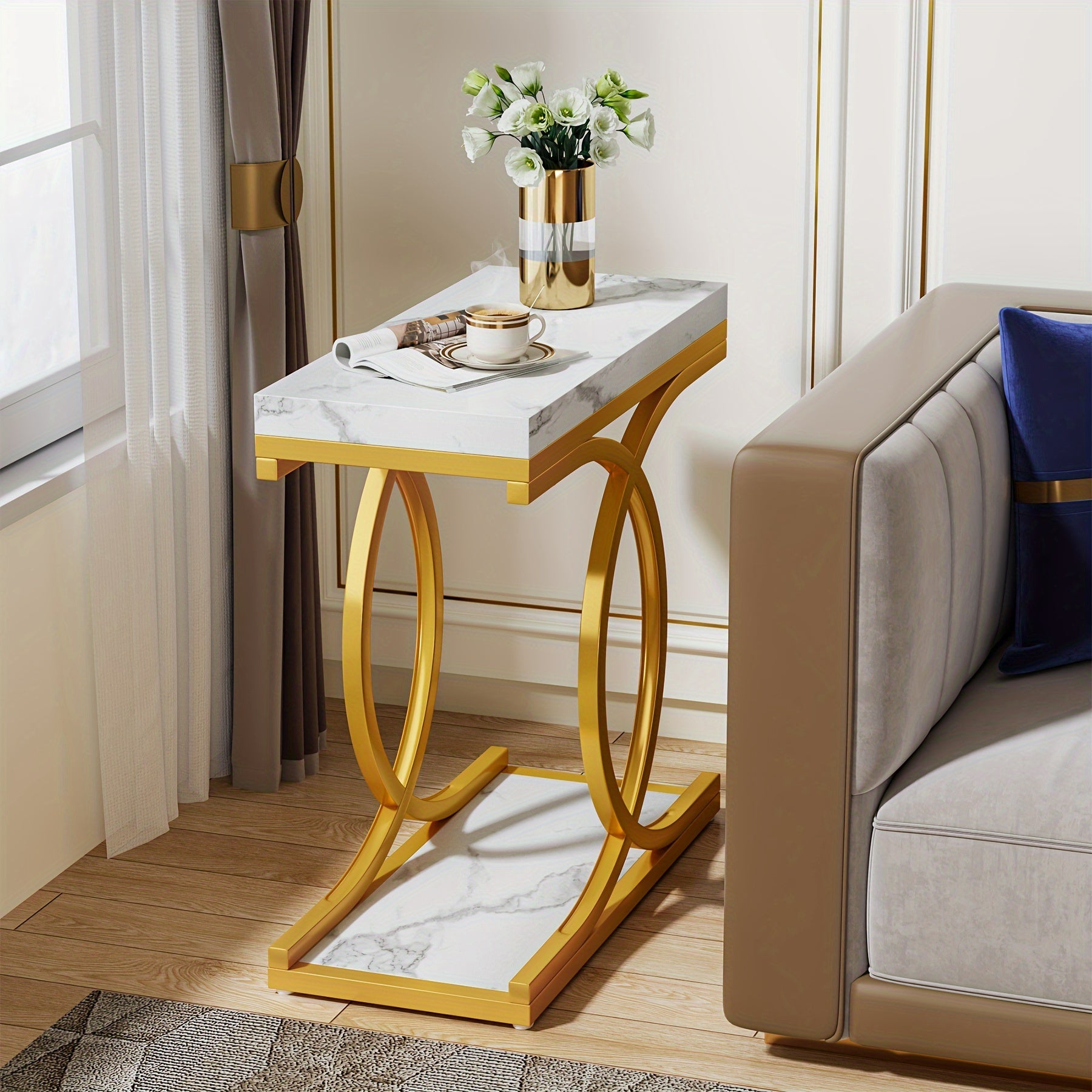 Contemporary Narrow Side Table: This Modern Faux Marble End Table Fits Comfortably In Small Spaces, Perfect For Enhancing Your Living Room