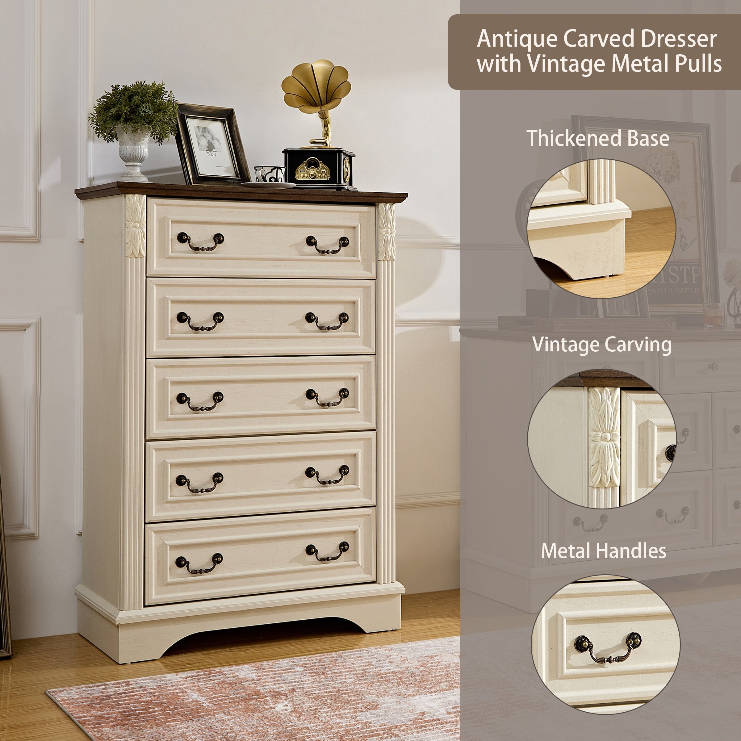 Rustic Beige Wooden Dresser with Drawers - High-Capacity Storage Cabinet for Bedroom & Living Room Freestanding 27’’