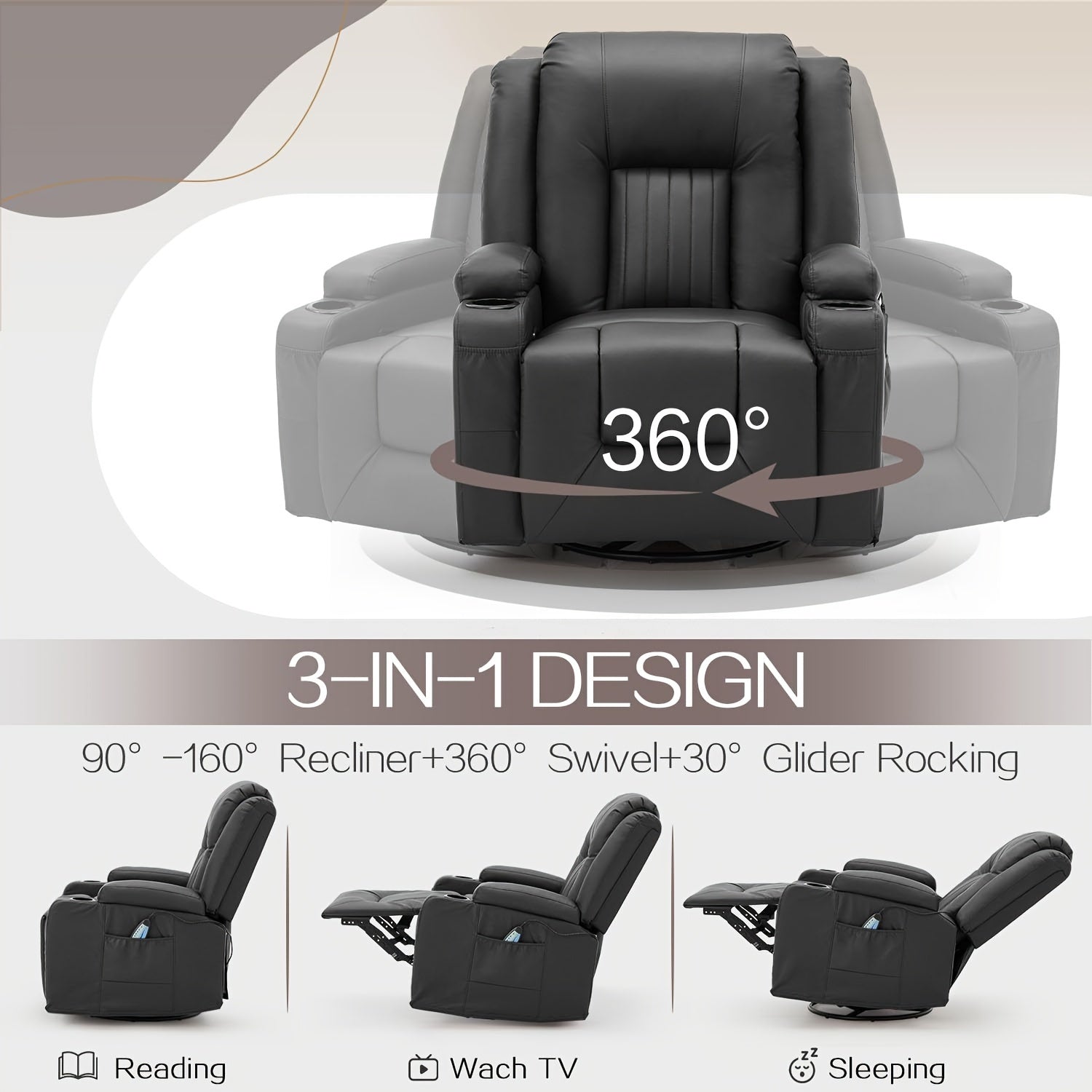 Massage Manual Recliner Chair With Heat, Leather Rocking Recliner Swivel Recliners Lazy Boy Recliner Chair W/ 2Side Pockages, 2 Cup Holders For Living Room, RV, Black