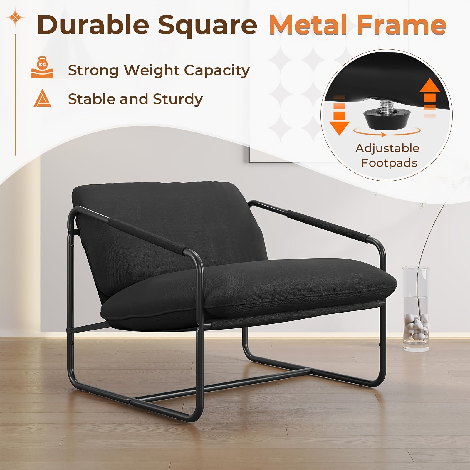 1pc Black Modern Metal Frame Armchair with Cushion, Leisure Chair for Living Room Bedroom Balcony Studio, Sling Accent Chair