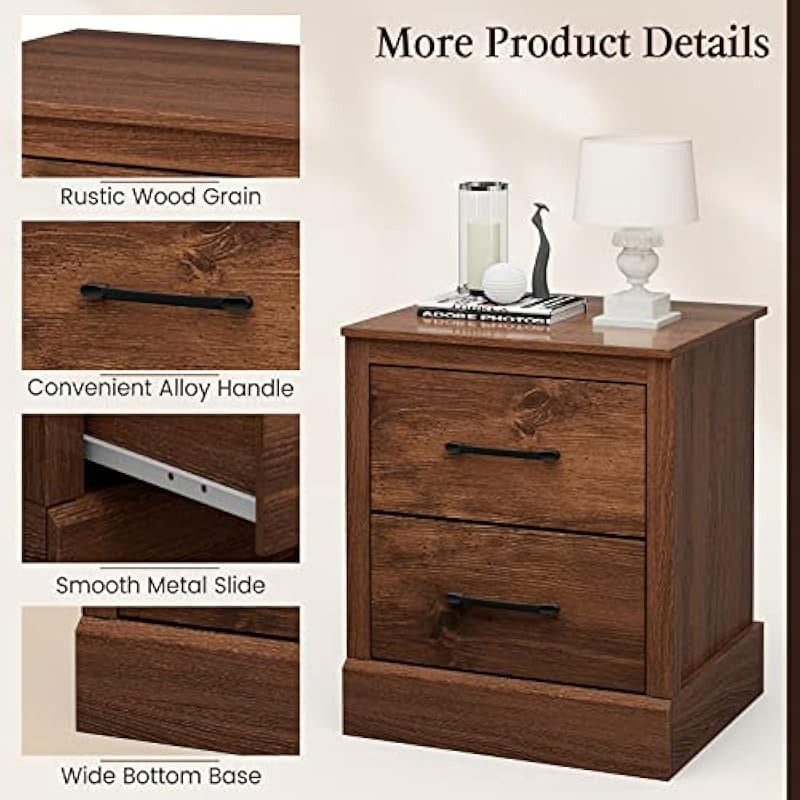 Farmhouse Nightstand Wood Bedside Table Storage Drawers Compact Floor Night Stand End Table Walnut Accent Sofa Side Table for Bedroom