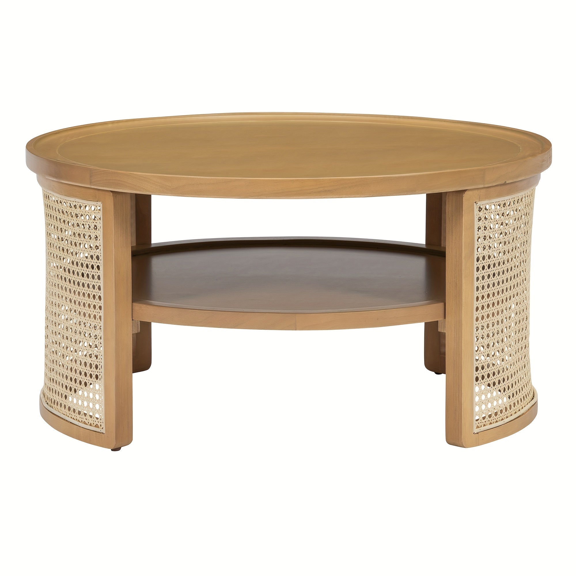 2-Tier Round Coffee Table With Storage - Natural Wood Top And Rattan Base, 31.3''