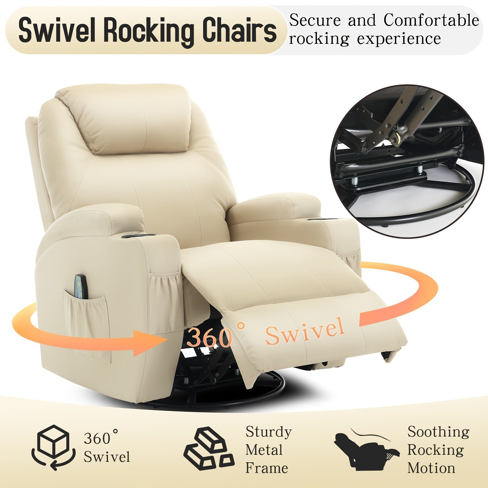 Luxurious Beige Faux Leather Recliner Chair with Heat & Vibration Massage | 360° Swivel Rocker, Side Pocket, Cup Holder | Ideal for Living Room, Bedroom, Conference Room | Powered by 110V/220V