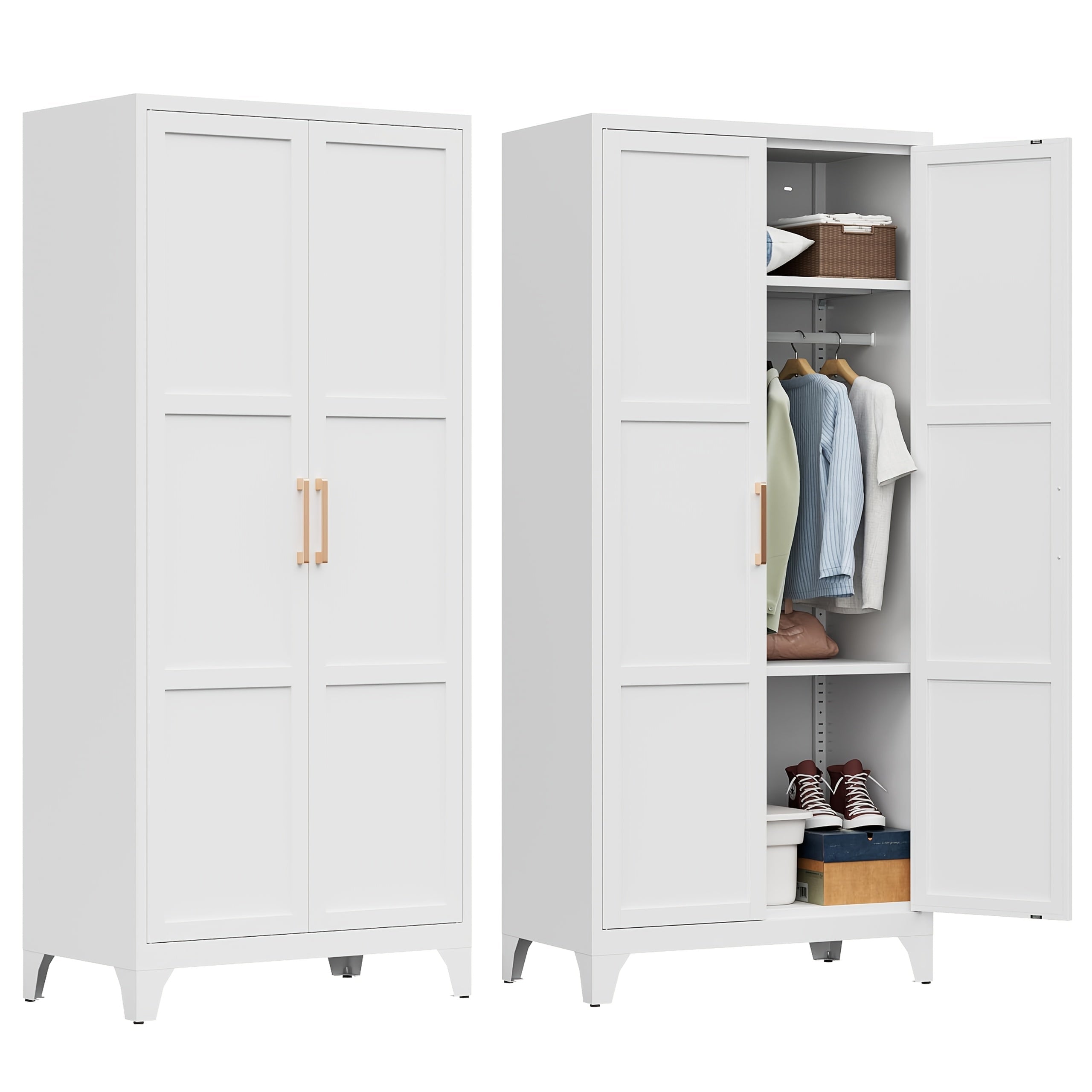 71" H Wardrobe Armoire Closet - Sturdy Metal Storage Cabinet with Adjustable Shelves & Hanging Rod, Spacious Bedroom Organizer for Clothes, Shoes & Linens, White