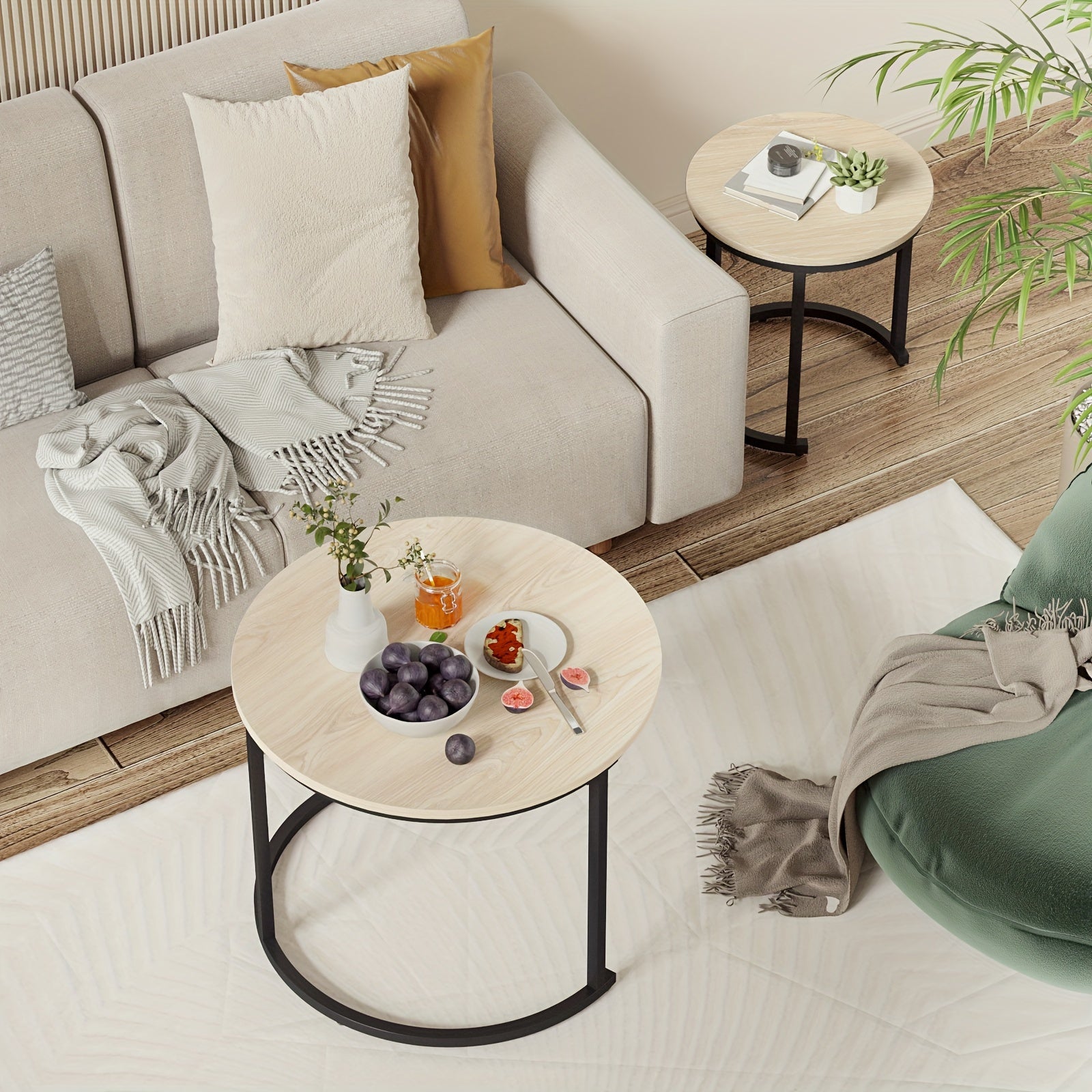 Coffee Tables for Living Room - Small Round Set of 2 Center Table with Solid Wood Grain Table Top and Sturdy Metal