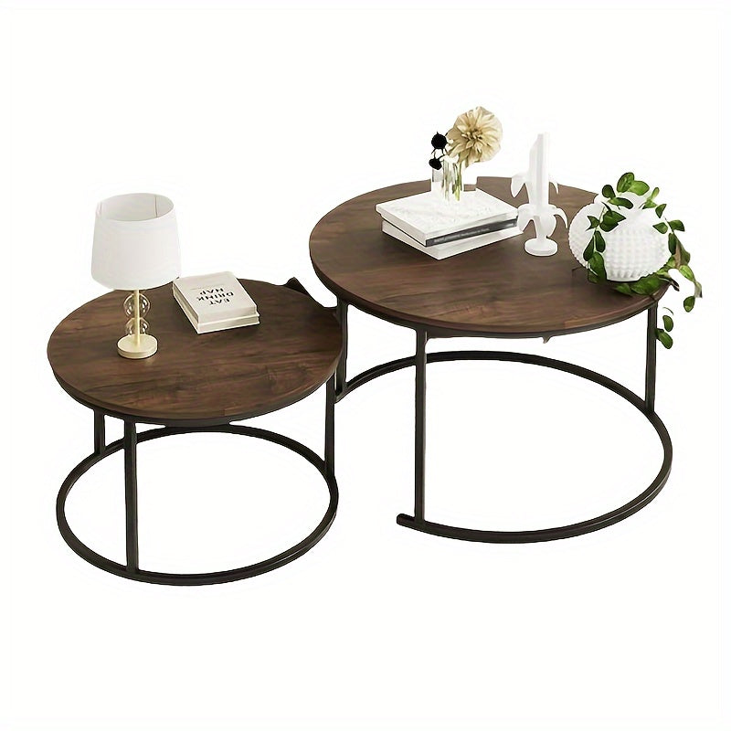 2-piece Set, Nested Coffee Table, Large White, Black, Brown Artificial Marble Edge Table, Steel Frame Circular And Circular Wooden Table, Living Room, Bedroom, Apartment, Modern Small Space