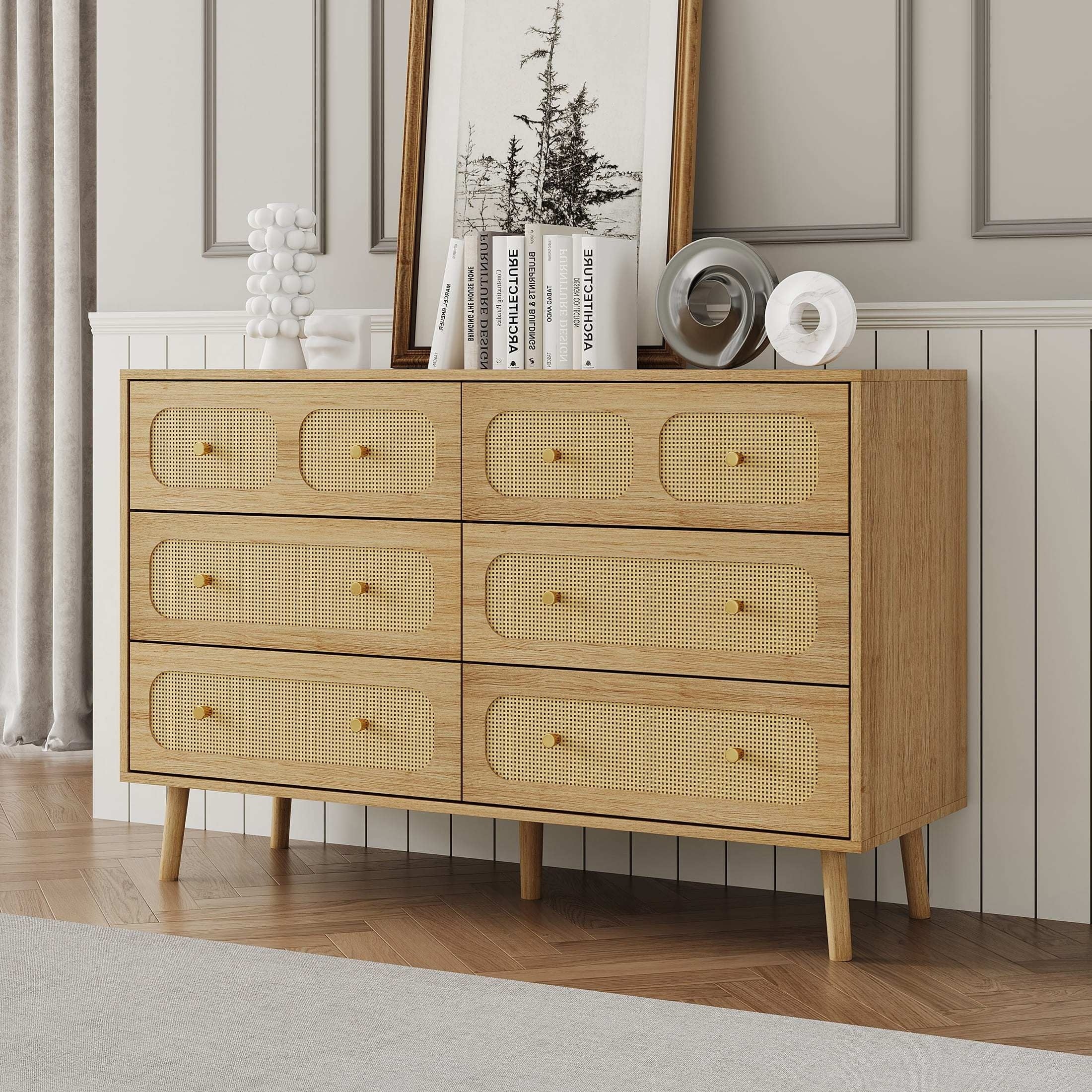 Rattan Dresser For Bedroom, 6 Drawer Double Dresser With Golden Handles, Boho Chest Of Drawers With Deep Drawers For Living Room, Bedroom, Hallway.