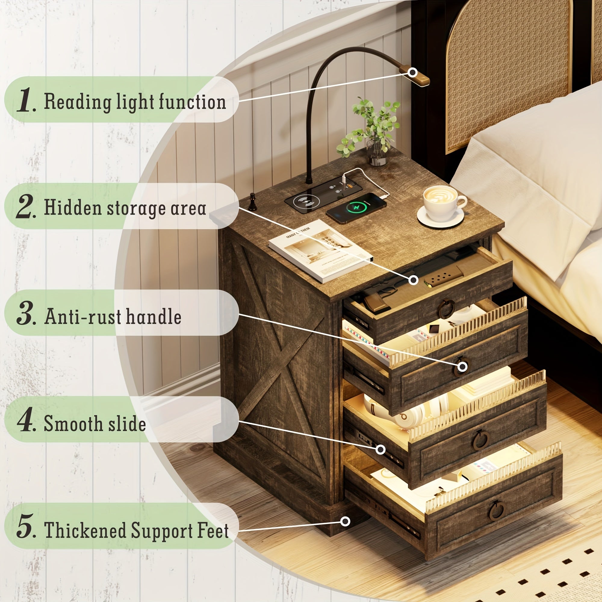 Gun Night Stand With Charging Station & Reading Light, Farmhouse Bedside Table With Human Sensor LED Lights, Brightness Adjustable End Side Table For Bedroom/Living Room/Office, White/Brown