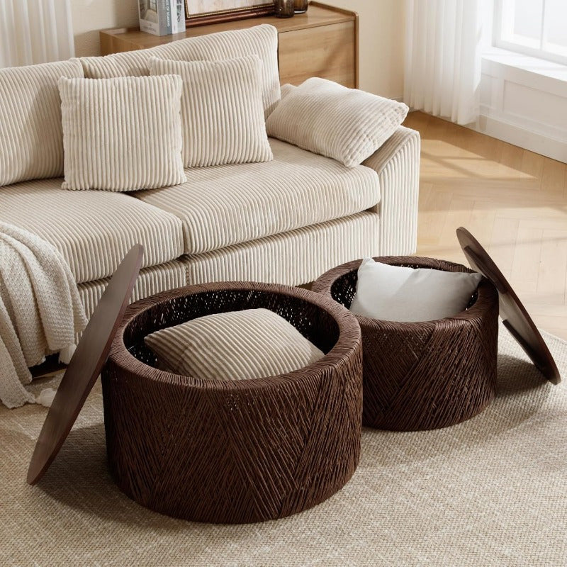 Large Round Coffee Table with Storage, Boho Hand-Woven Rattan Coffee Table Set of 2, Drum Circle End Table for Living Room, Bedroom, Small Space, No Assembly Required, Brown