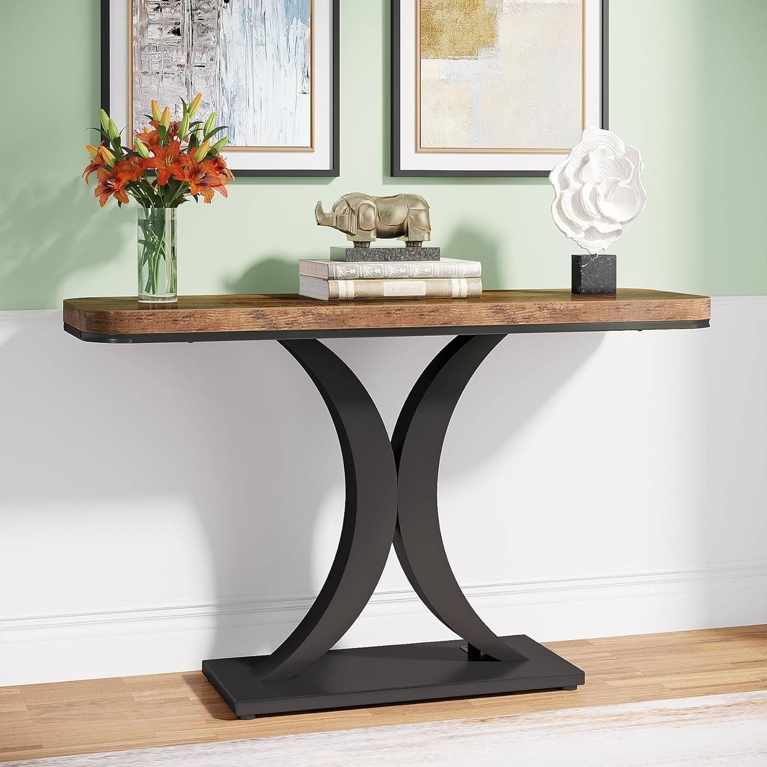 40" Slim Console Table - Rustic Two-Tone Design with Geometric Base, Waterproof MDF, Perfect for Entryway, Living Room, or Hallway Decor, Utility Hooks