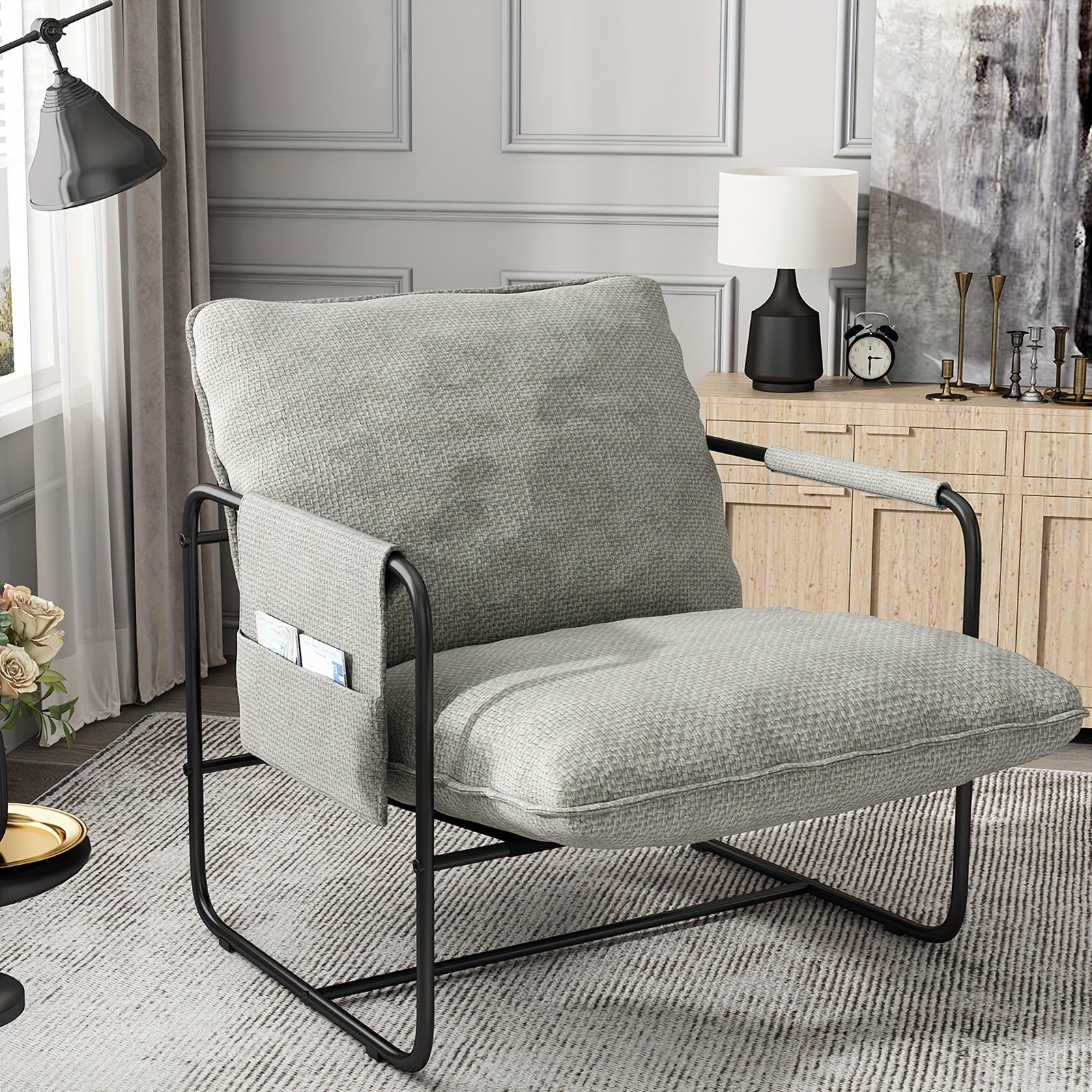 Sling Accent Chair Living Room, Metal Framed Armchair With Removable Storage Bag, Upholstered Living Room Chairs