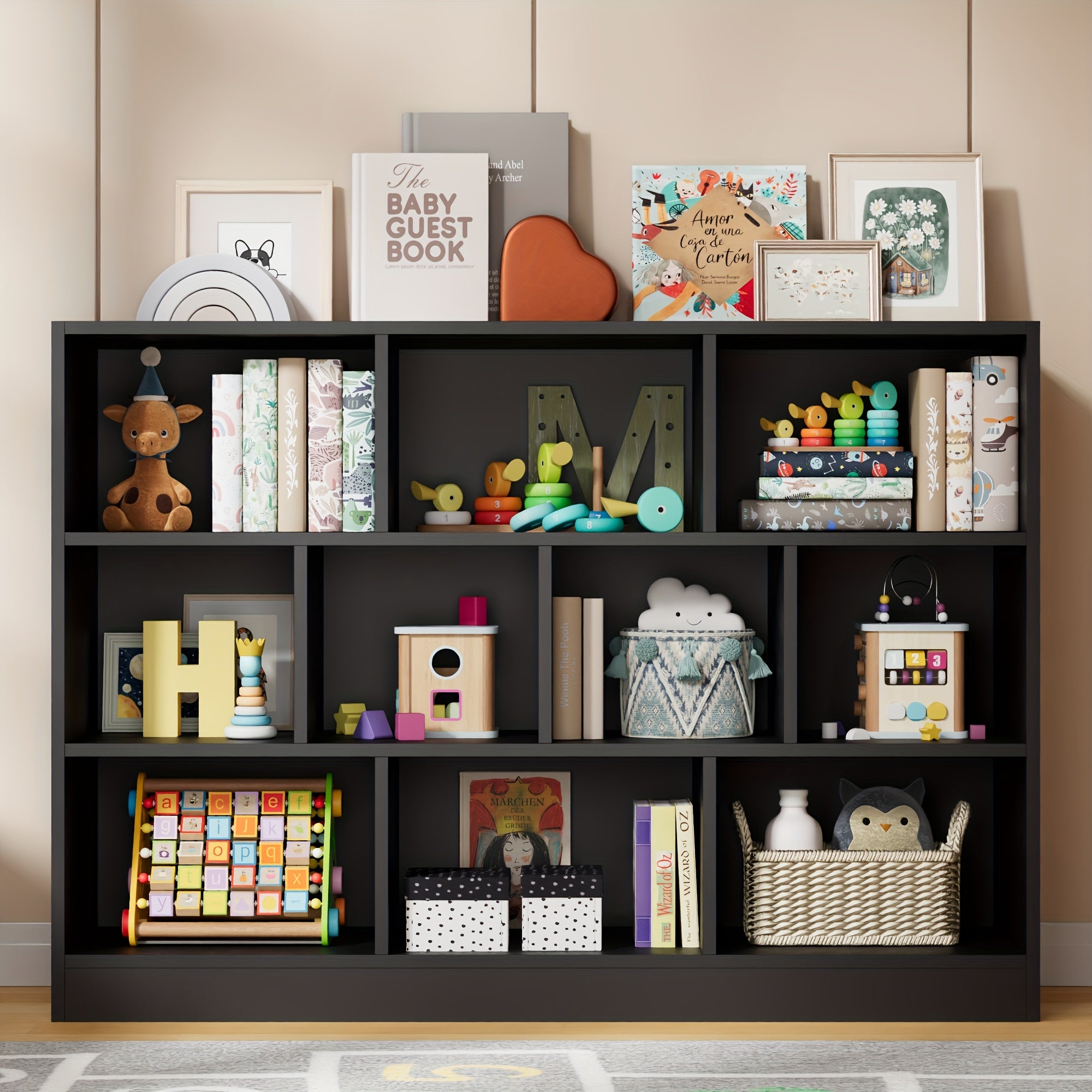 Smile Back 3-Tier Open Shelf Bookcase 10 Cube Storage Organizer with Anti-Tilt Device for Living Room or Office - Black