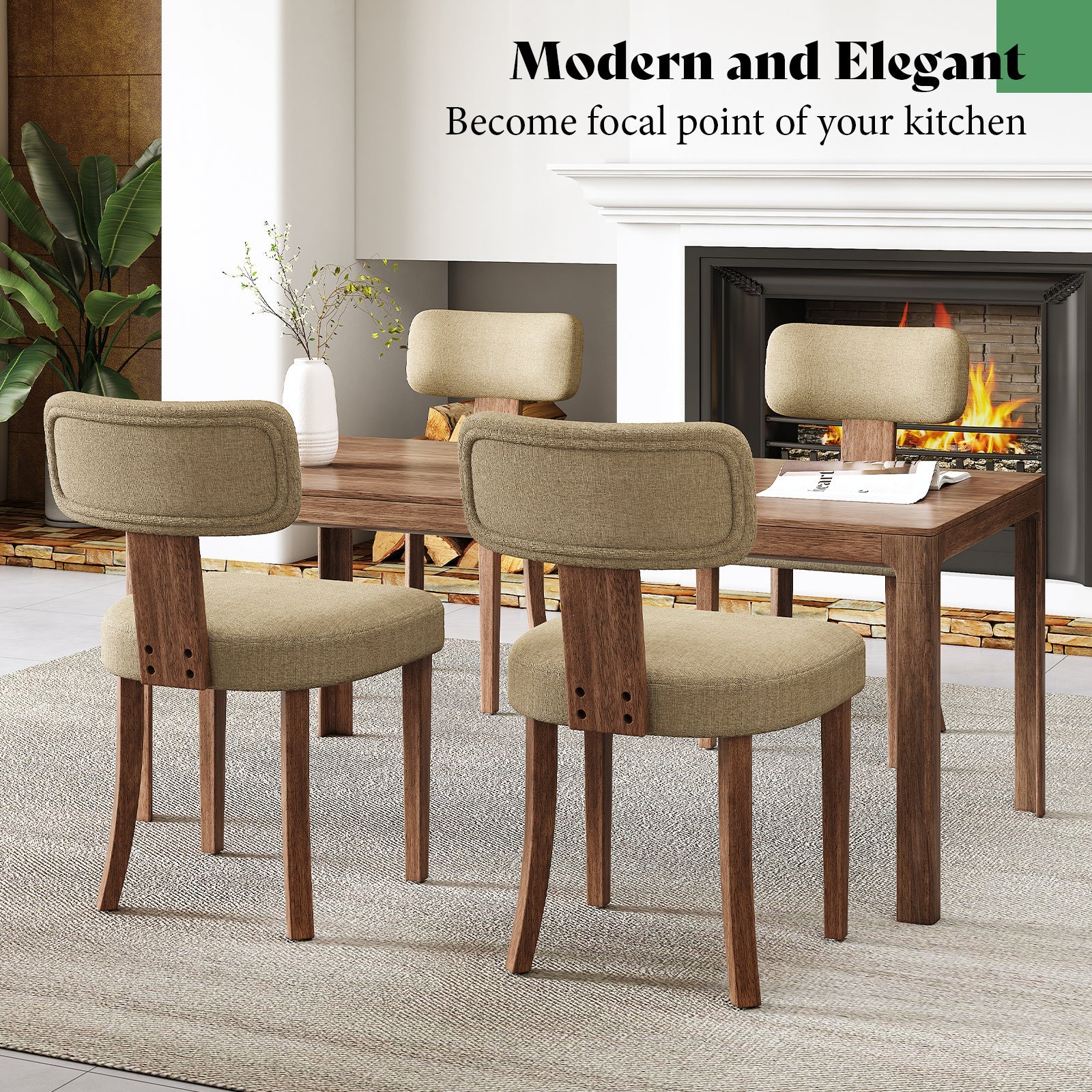 Modern Linen Dining Kitchen Chairs with Upholstered Curved Backrest & Seat, Chairs for Dining Table, Hardwood Frame